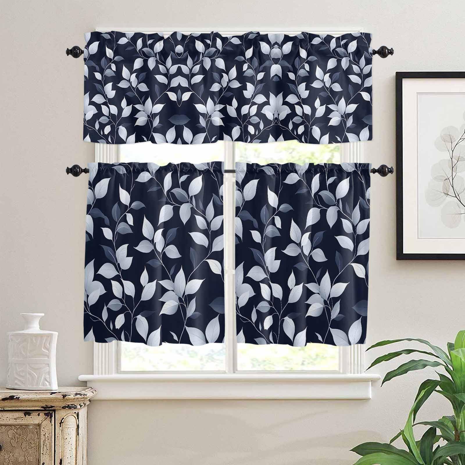 Blue White Eucalyptus Leaves Kitchen Curtains 24 Inch Length,3 Piece Rod Pocket Small Half Tiers and Valance Set,Spring Summer Watercolor Plant Small Large Window Treatment Decor for Bedroom/Bathroom