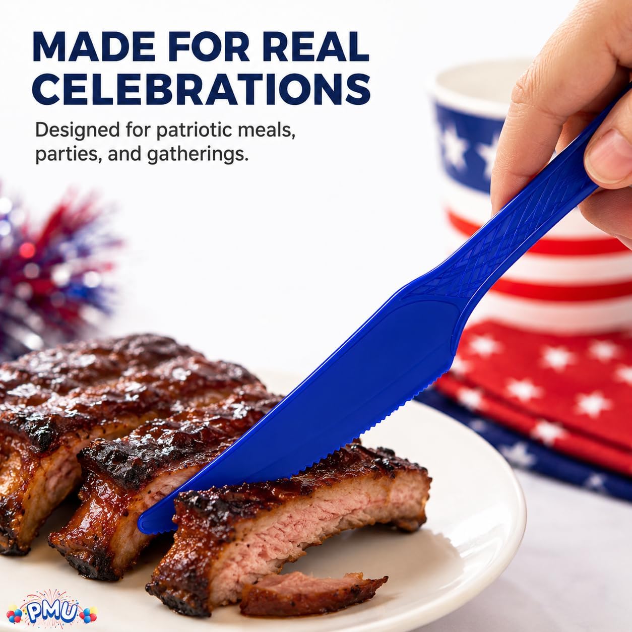 PMU 120 Pcs Patriotic Blue Plastic Table Knife - 4th of July Tableware & Patriotic Party Supplies for Holidays, Veterans, Elections, Memorial Day & Independence Day (12 Packs of 10)