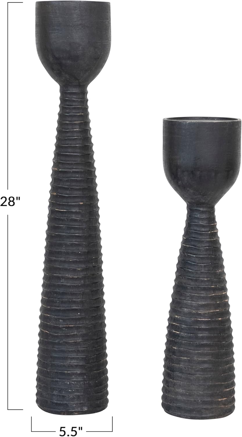 Bloomingville Round Hand-Carved Mango Wood Ribbed Candle Holder, Black (Holds 5 inches Pillar)