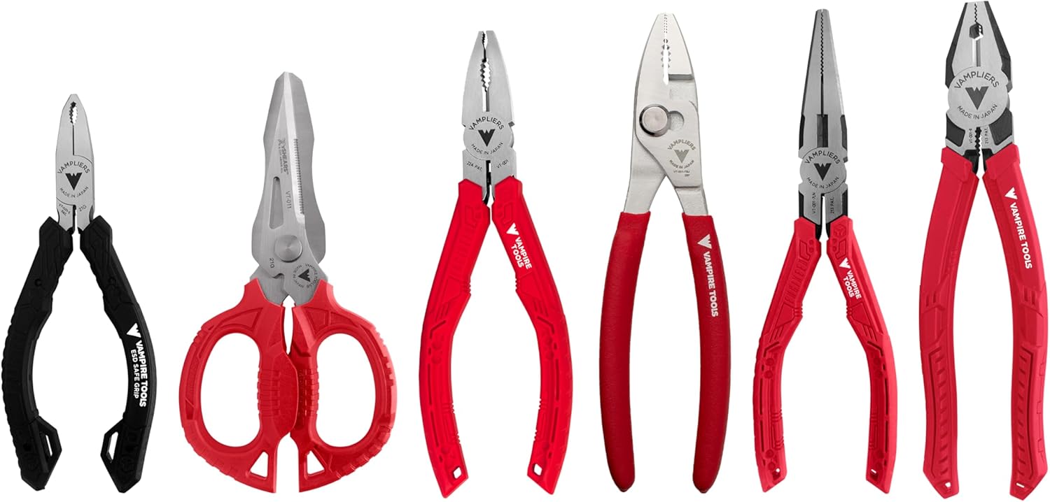 VAMPLIERS 6-Piece Screw Extractor Pliers & Scissors Tool Gift Set. High Carbon Steel. Made in Japan: 8" Linesman, 7.5" Long Nose, 7" Slip-Joint, 6.25", 5" ESD Safe Grip Pliers + Utility Scissors