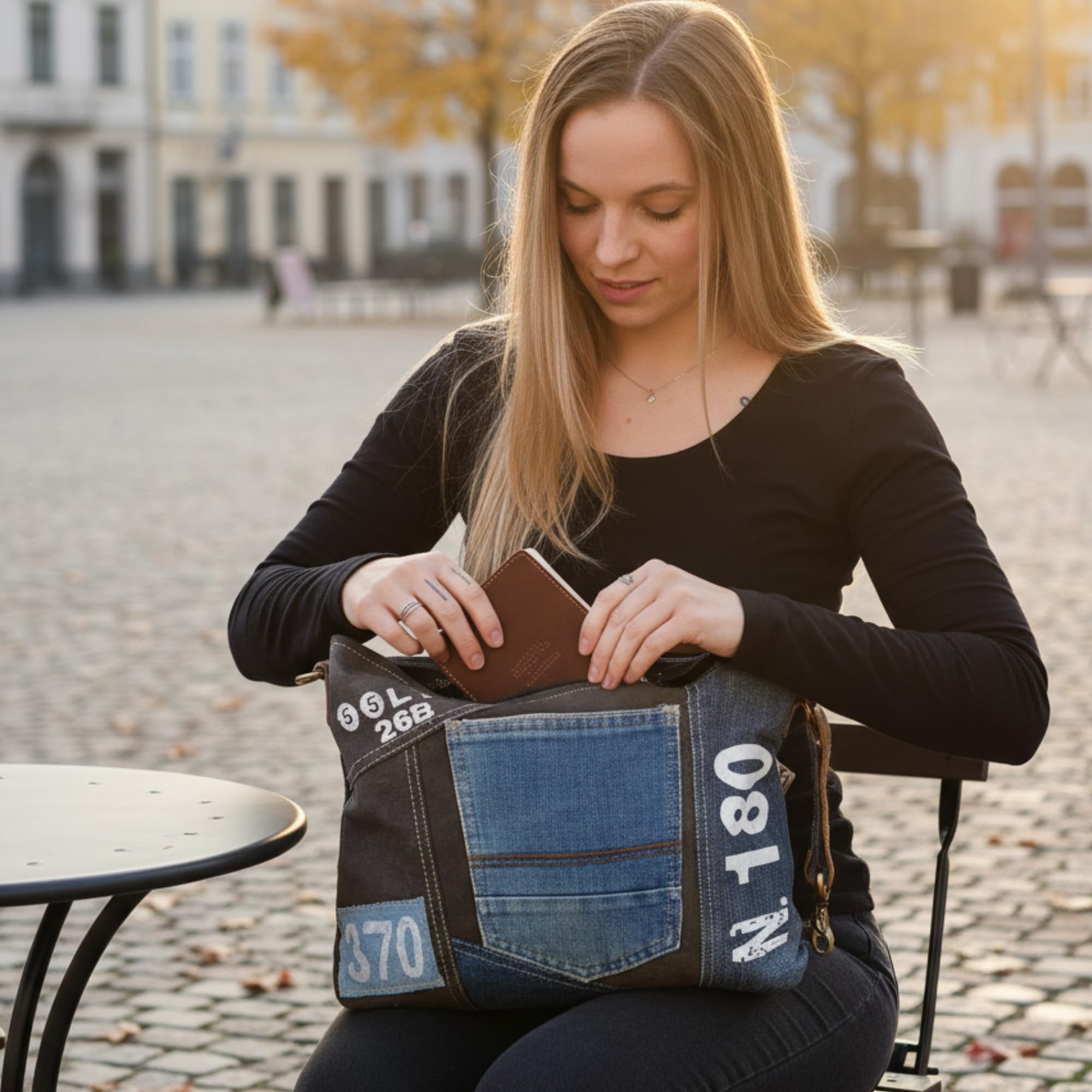 Sunsa Damen Umhängetasche, Tasche aus Recycelte Jeans & Canvas schwarz/Blau