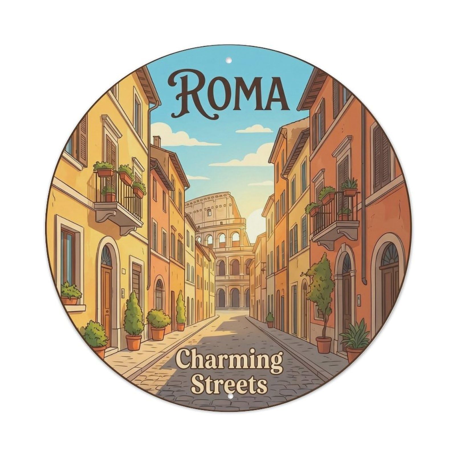 Italian Street Heritage Cobblestone Destination Scenic Metal Tin Sign Plaque Wall Decor for Cafe, Man Cave, Club Bar, Office, Home Garden Round Metal Poster 8x8Inch