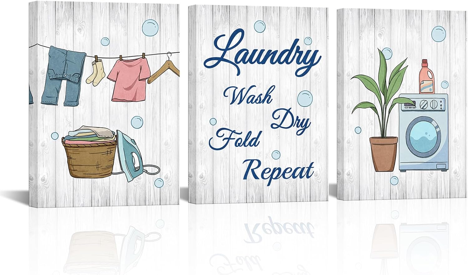 iLOOKLiKE 3 Piece Rustic Laundry Room Canvas Wall Art, Wash Dry Fold Repeat Prints for Farmhouse Laundromat Dry Cleaning Store Ready to Hang 12x16inchx3Pcs