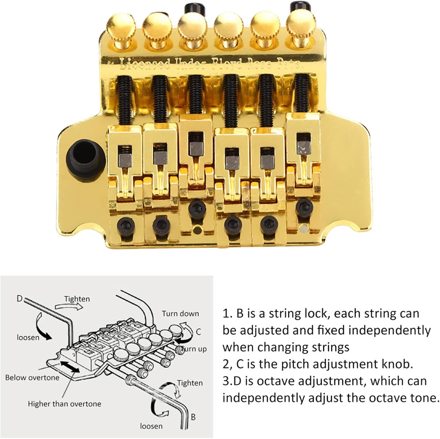 Metal Tremolo Bridge System with Vibrato Adjustable Tones Portable Design for Electric Guitar Complete Package for Floyd Rose (Gold)