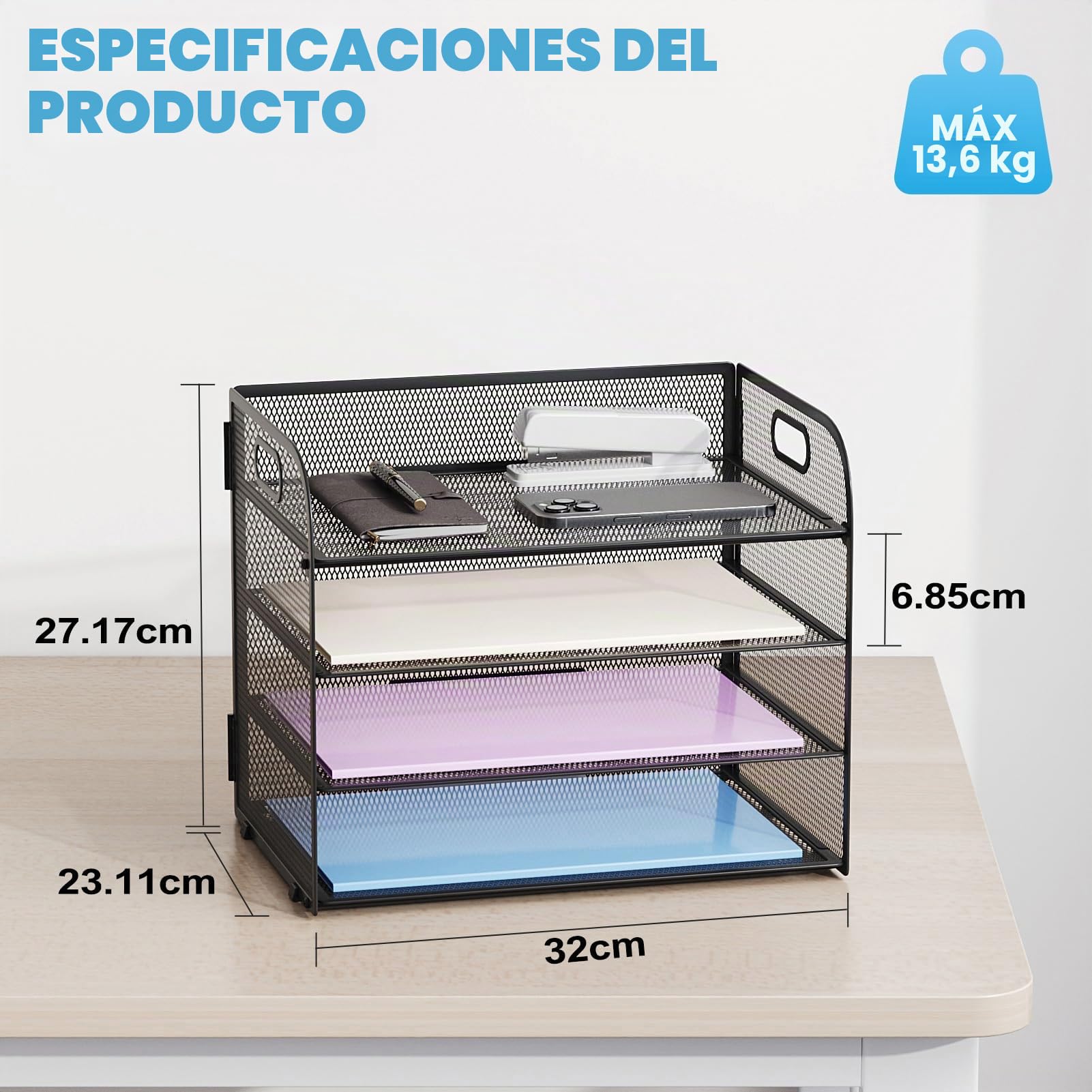 Marbrasse Bandejas de Escritorio Organizador,Bandeja de Papel de Carta de 4 Niveles con Asa,Bandeja de Malla para Escritorio Oficina Hogar A4 Archivo Almacenamiento de Documentos (Negro)