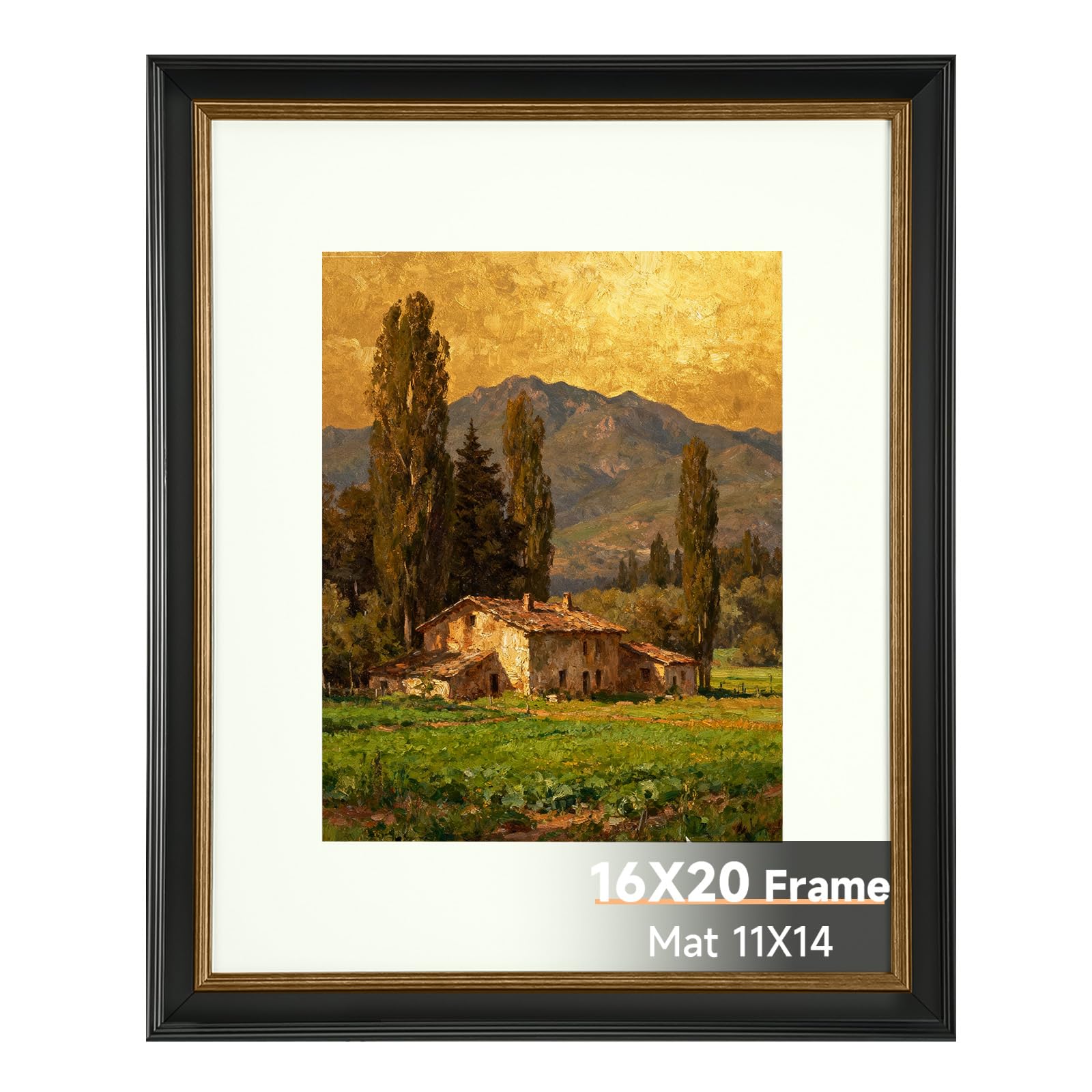 Photo 1 of 16x20 Black Picture Frame, 16 x 20 Vintage Photo Frame with Plexiglass, Antique Style Picture Frames for Wall & Tabletop, Display Poster 11x14 with Mat or 16x20 without Mat, Black with Gold Trim