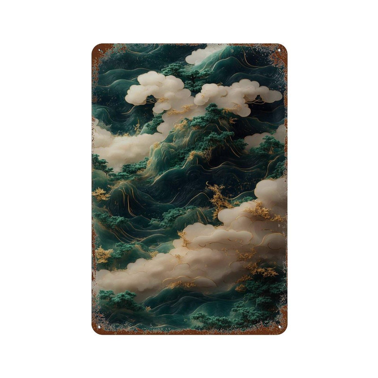 xiaoxiaoshen Emerald Cloud Mountain Luxury Asian Landscape Green Gold Misty Nature Wall Decor Art Metal Tin Poster Modern Home Decor Art Home Bar Shop Decorations Vintage Sign 30x20cm