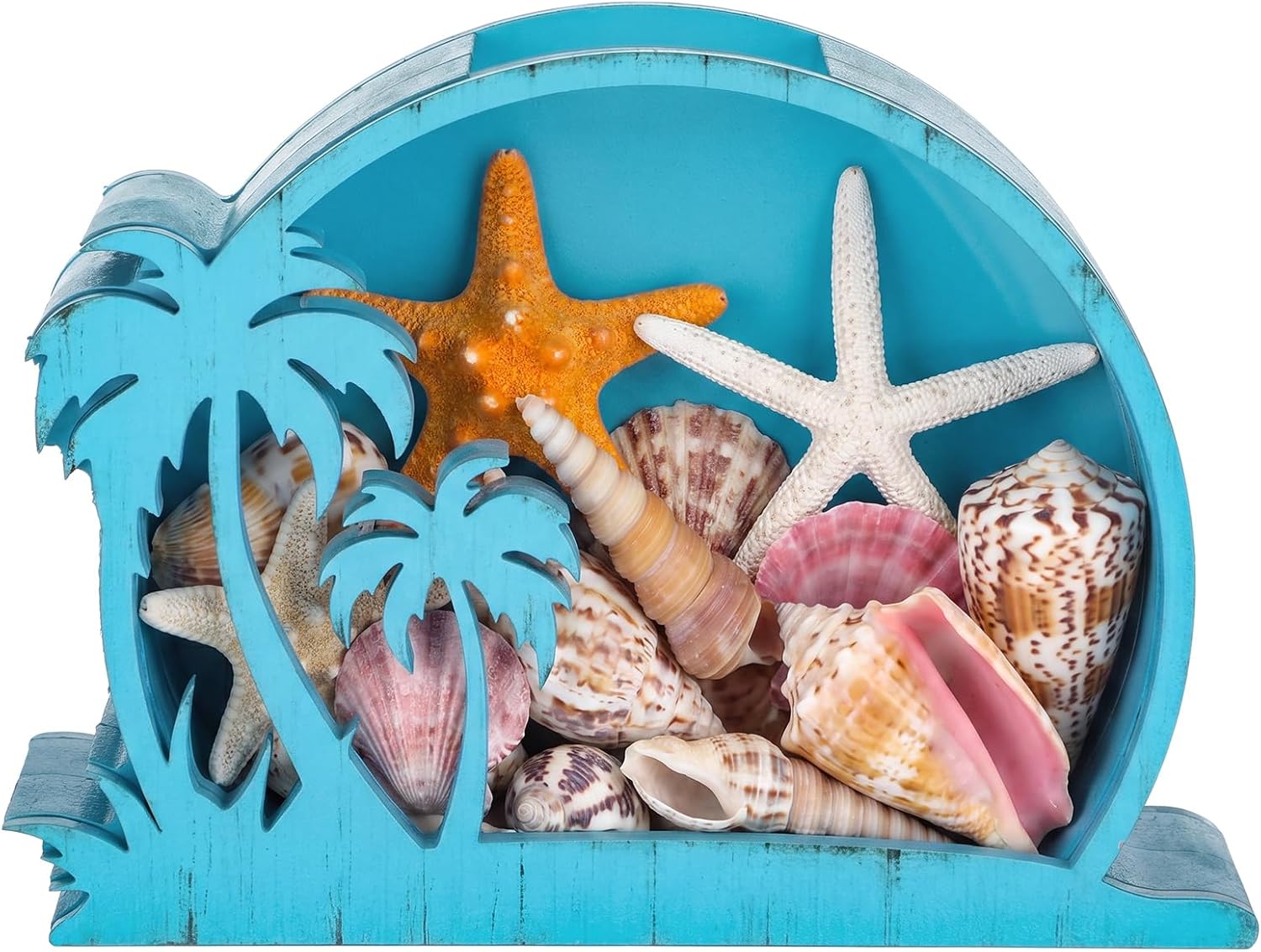 CroBlissful Wooden Seashell Box Clear Lid Shell Holder,Blue,Coconut