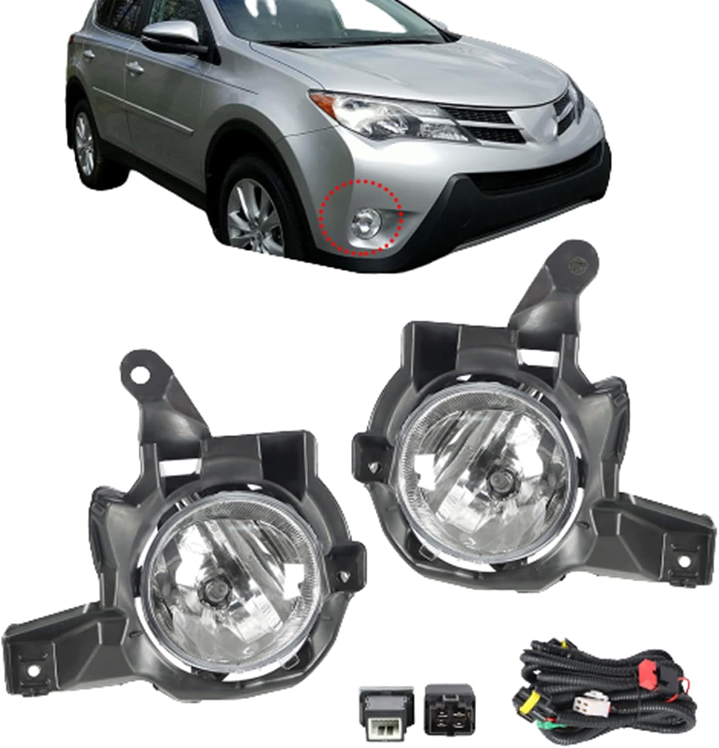 WFLNHB 2-Pack Fog Lights Replacement for 2013-2015 Toyota RAV4 with H16 Halogen Bulb & Switch and Wiring Kit Clear Lens Bumper Fog Lamps 81210-60180 81220-60180 TO2593130 TO2592130