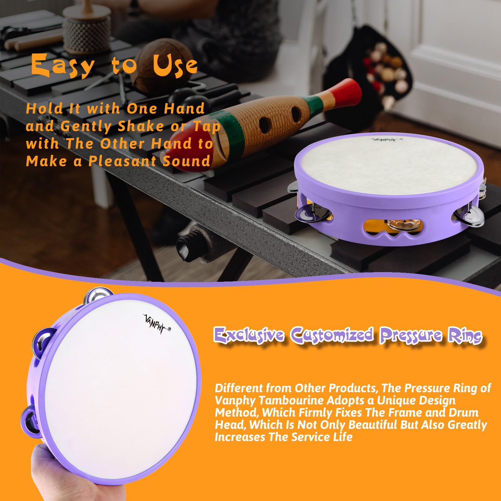 Panderetas para principiantes, pandereta de mano de 8 pulgadas, sonajeros de percusión, instrumentos musicales para acompañamientos y decoraciones navideñas (morado)