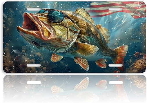 Bass Fish Front License Plate for Women American Flag Car Vanity Plates Decorative Aluminum Metal Cute Novelty License Plate for Men 6x12 Inch 4 Holes