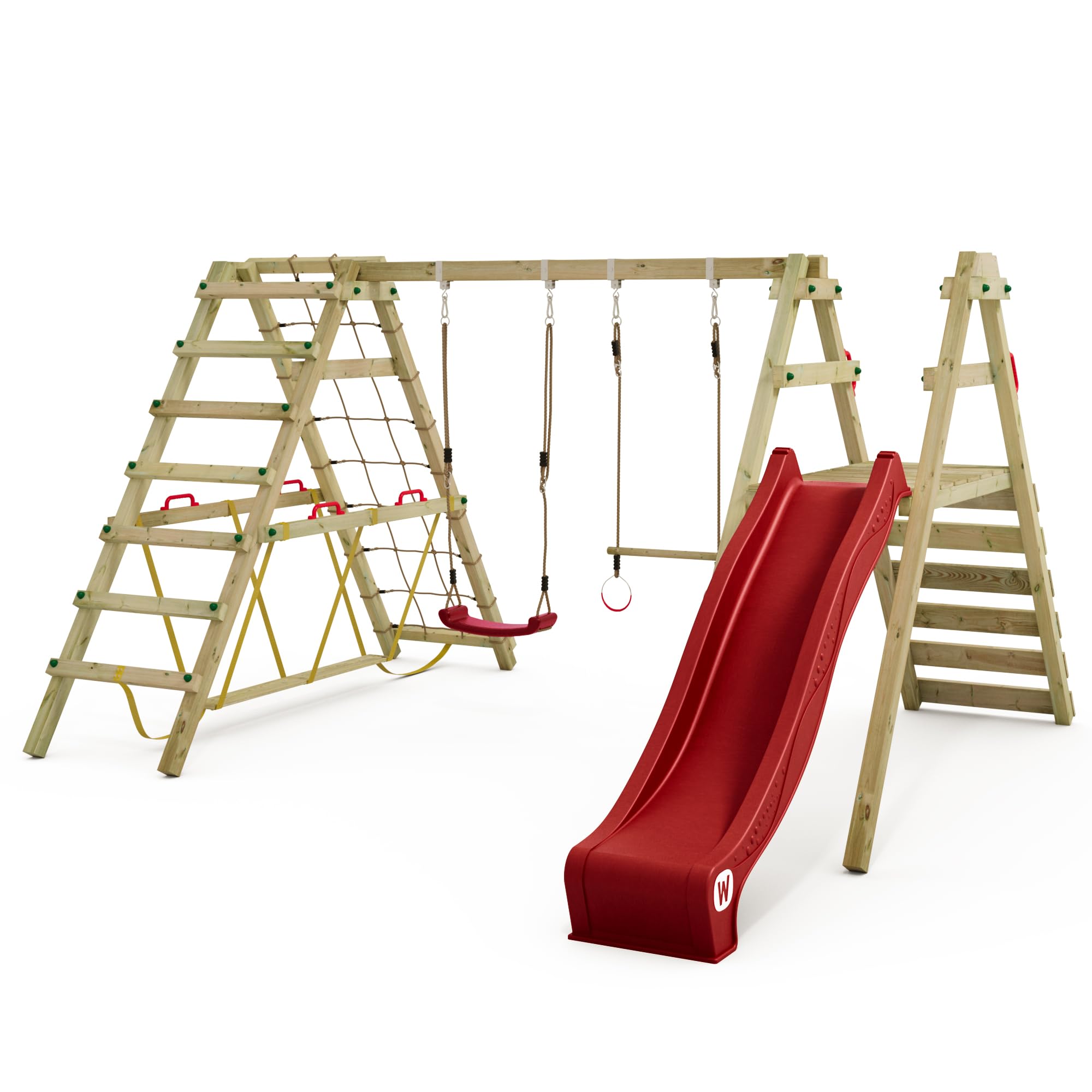 WICKEY Kinderschaukel Schaukelgestell Smart Shake mit Roter Rutsche und Kletteranbau, Schaukel, Schaukelgerüst, Doppelschaukel, Holzschaukel für den Garten