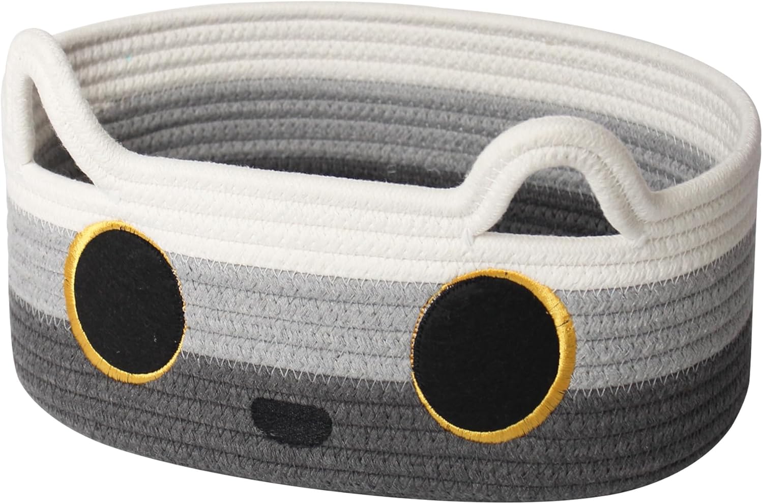 Cat Toy Basket, Small Woven Cat Toy Storage Box with Cute Ear Handle Indoor, Cotton Rope Storage Bin with Embroidered Face for Home Decor, Pet Bed, Nursery Kids Room Organization, 3-tone Gray