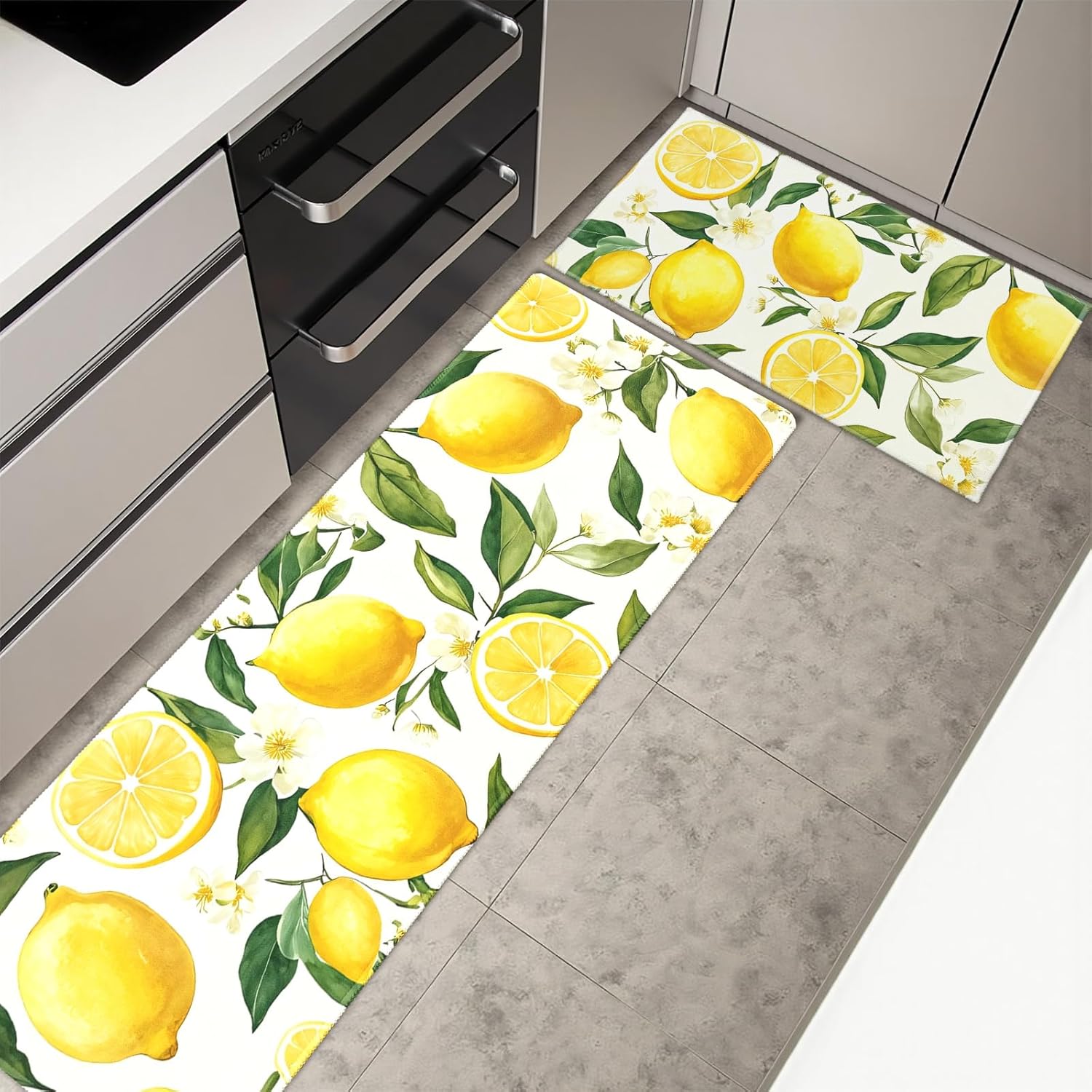 Lemon Kitchen Rugs Sets of 2 Non Slip Spring Summer Yellow White Kitchen Mats for Floor with Rubber Backing Washable Kitchen Runner Rug Carpet 17"x47"+17"x30" for Hallway Laundry
