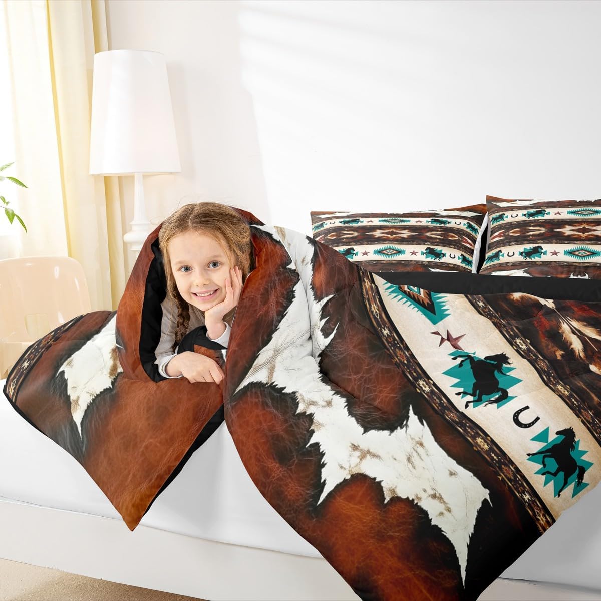 Feelyou Horse Comforter Set Cowhide Cow Print Retro Fur Bedding Set with 2 Pillow Cases Boho Rustic Farmhouse Style Kids Queen Bedclothes Exotic Geometric Bedroom Decor Western Aztec Duvet Quilt