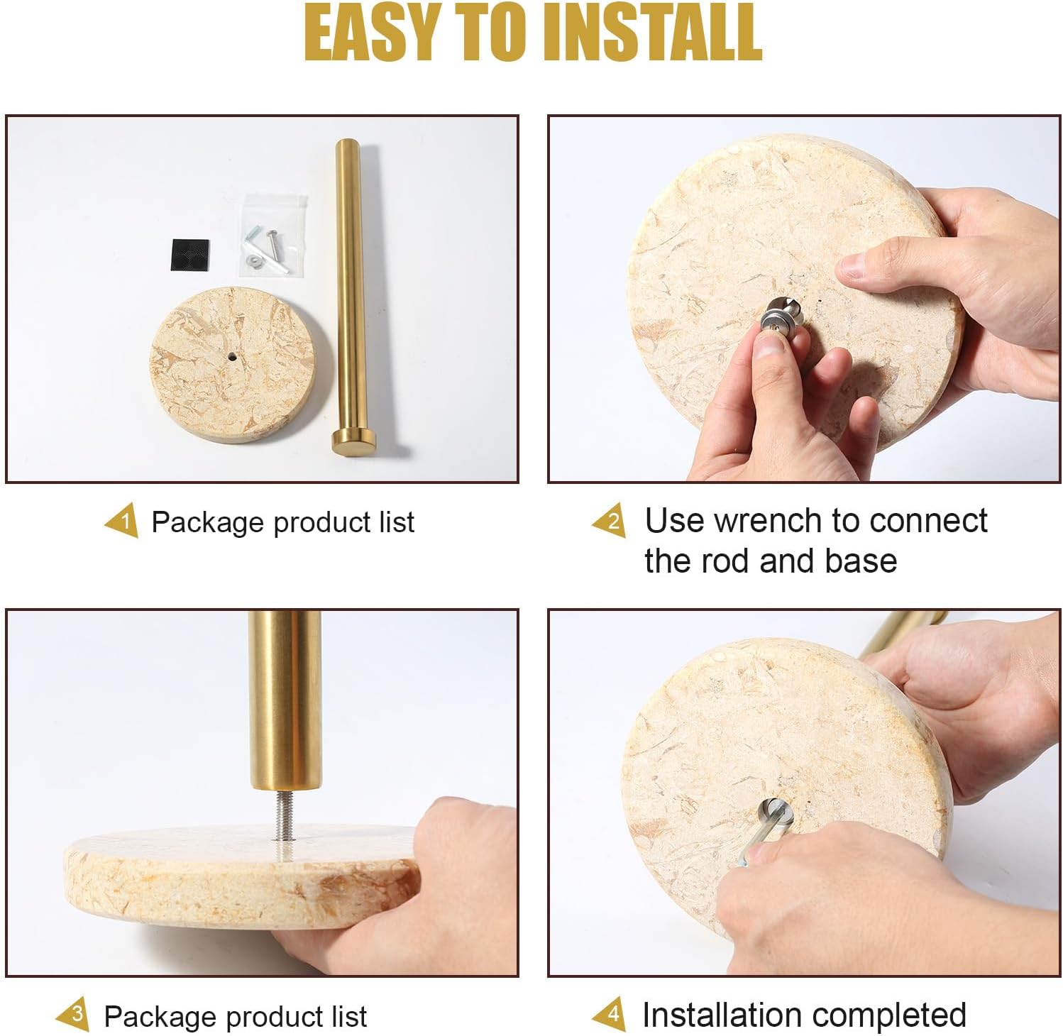 Koville Paper Towel Holder Countertop, Standing Paper Roll Holder with 6" Weighted Marble Base, Stone Paper Towel Holder with Gold Stainless Steel Rod for Kitchen Bathroom (Gold)