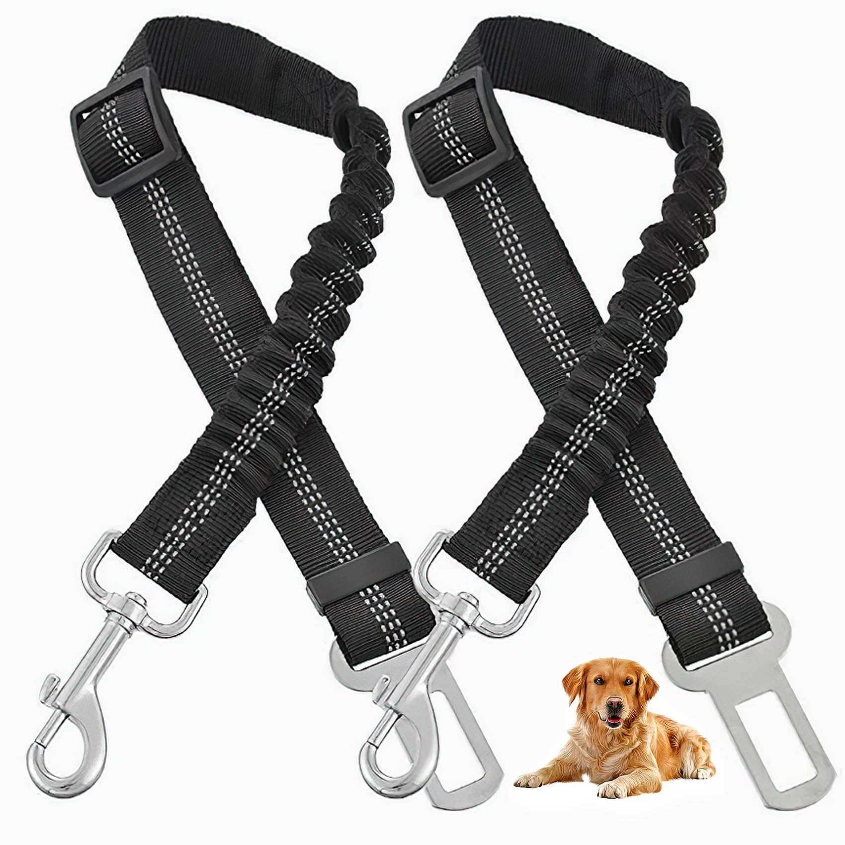 2pcs Ceinture de Sécurité pour Chien,Harnais Universel avec Mousqueton,Absorption des Chocs,Réglable,Noir,pour Tous Les Chiens et Chats