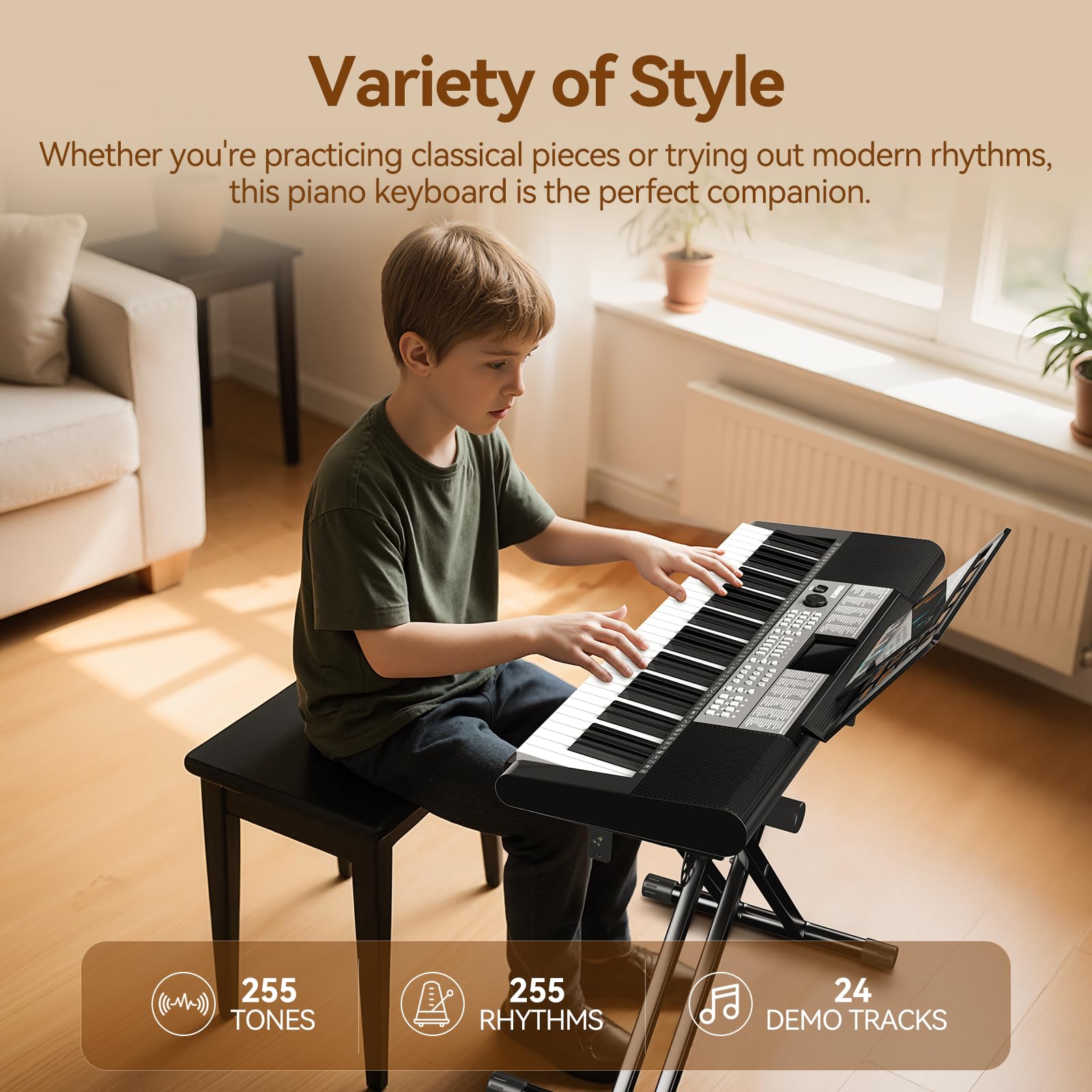 TERENCE Clavier numérique 61 touches LED Double Clavier | 255 sonorités et rythmes. Pour enfants, débutants, ados. Cadeau musical