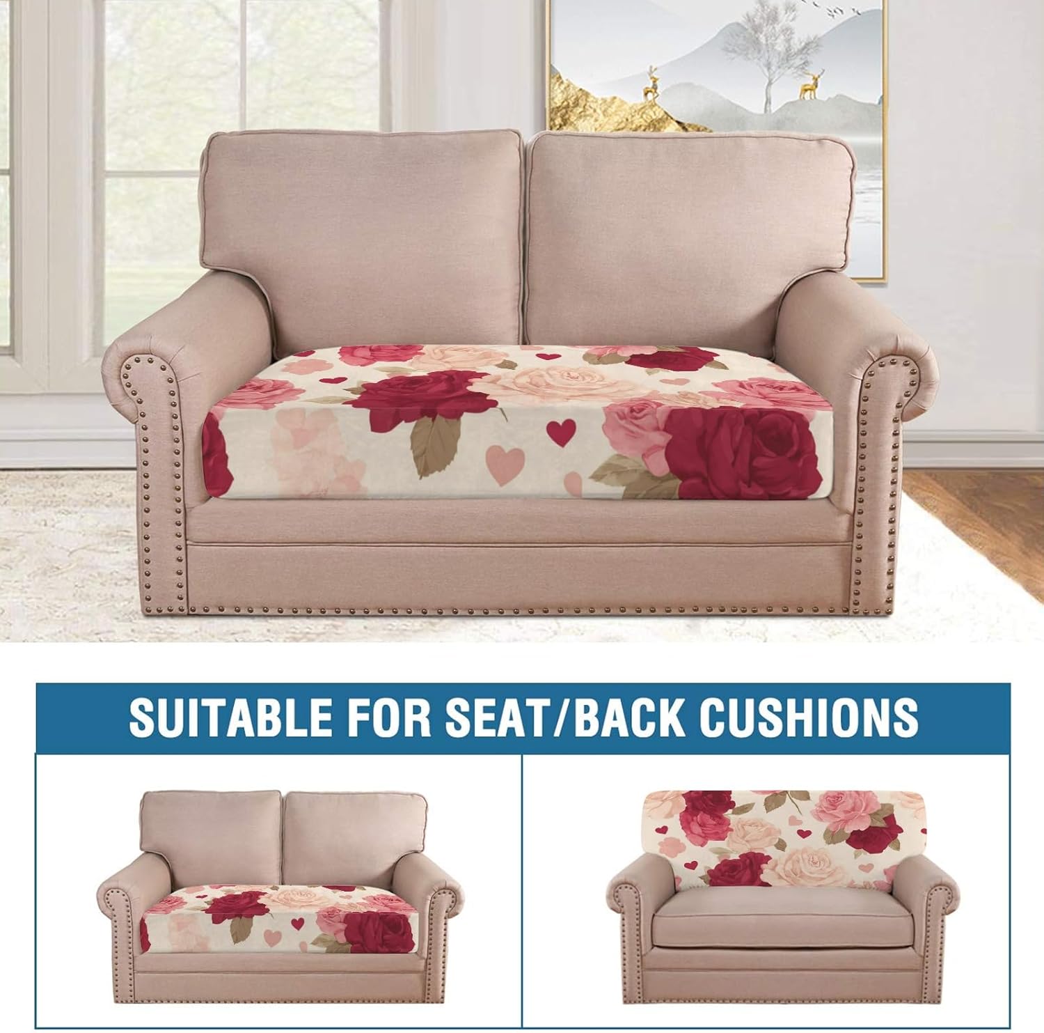 Retro Leaf Roses Pink Loveseat Covers Couch Covers for 2 Cushion Couch, 2-Piece Stretch Sofa Slipcovers Anti-Slip Washable Furniture Protectors for Dogs Pets