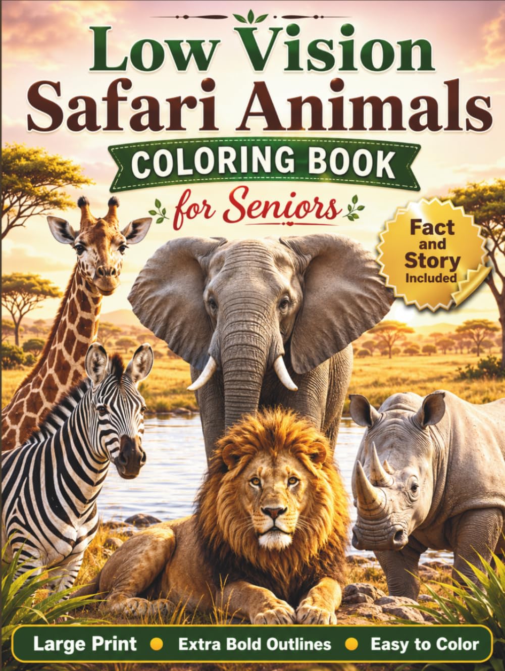 Low Vision Safari Animals Coloring Book for Seniors: 50 Extra Bold Large Print Safari Animal Designs with High Contrast Lines and Easy-to-Color Pages ... Stress Relief, and Senior-Friendly Fun