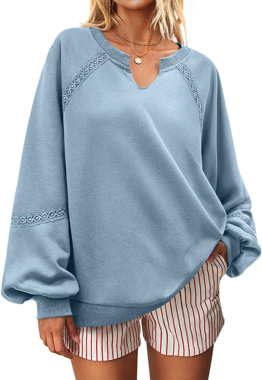 UEU Womens V Neck Crochet Sweatshirt Long Sleeve Oversized Pullover Loose Fit Casual Knit Tops Lightweight Sweater Shirt