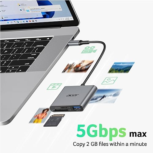 Miniatura 2 de Acer Lector de tarjetas SD USB C, lector de tarjetas de memoria 3 en 1 con ranuras dobles y USB 3.0, adaptador de tarjeta micro SD para iPhone 16/15