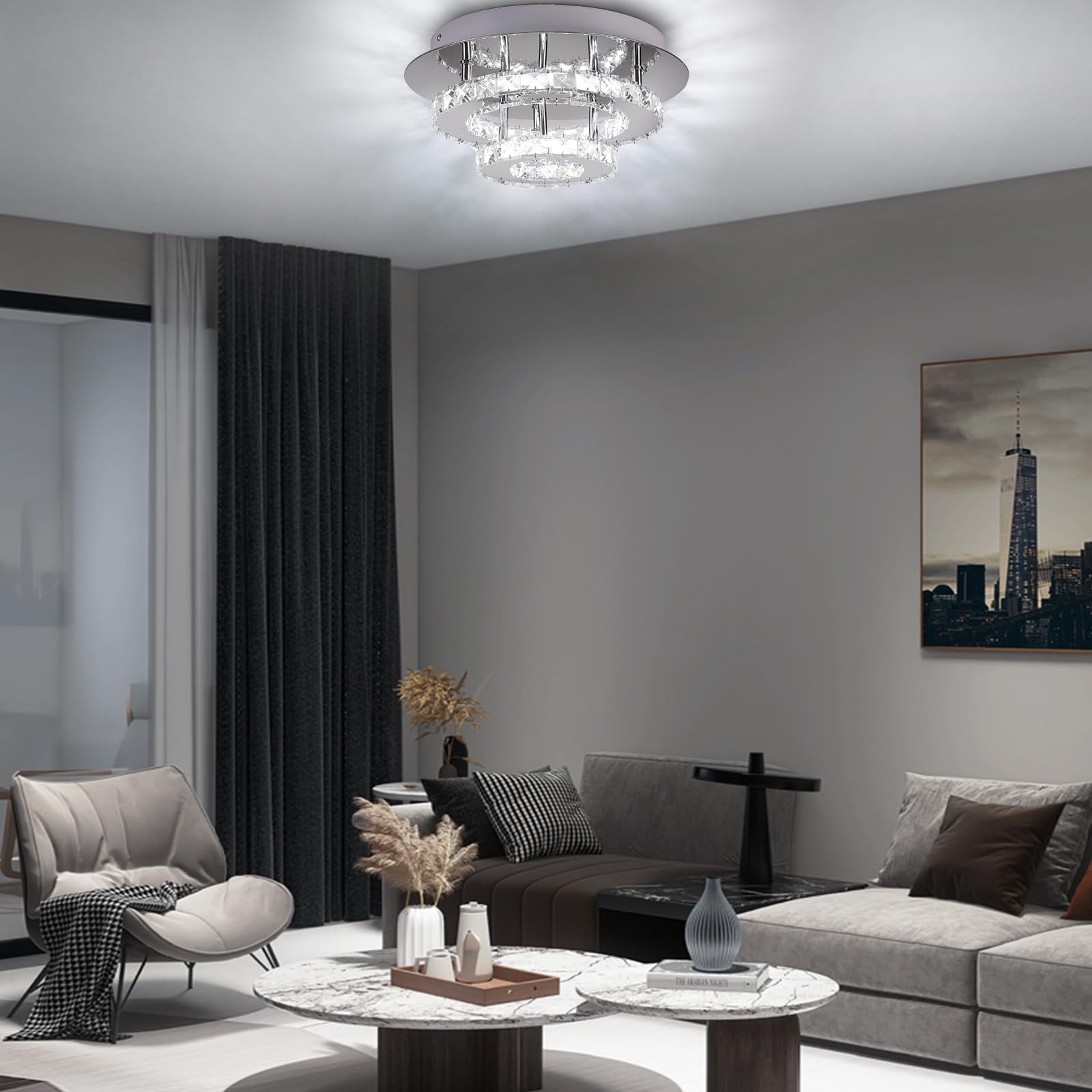 LED-Deckenleuchte 36W Moderne LED Kristall Deckenlampe Rund Edelstahl Kronleuchter für Wohnzimmer Esszimmer Schlafzimmer Badezimmer, Ø30 cm