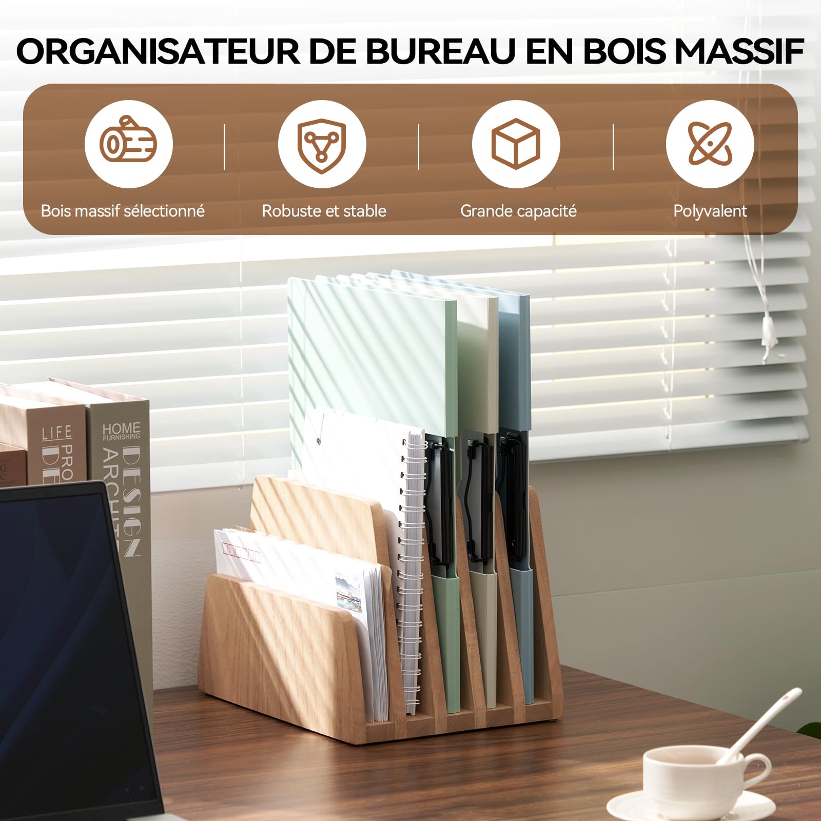 KIRIGEN Organisateur De Bureau En Bois Massif Naturel - 5 Compartiments - Range-Documents, Courrier Et Fournitures - Style Scandinave