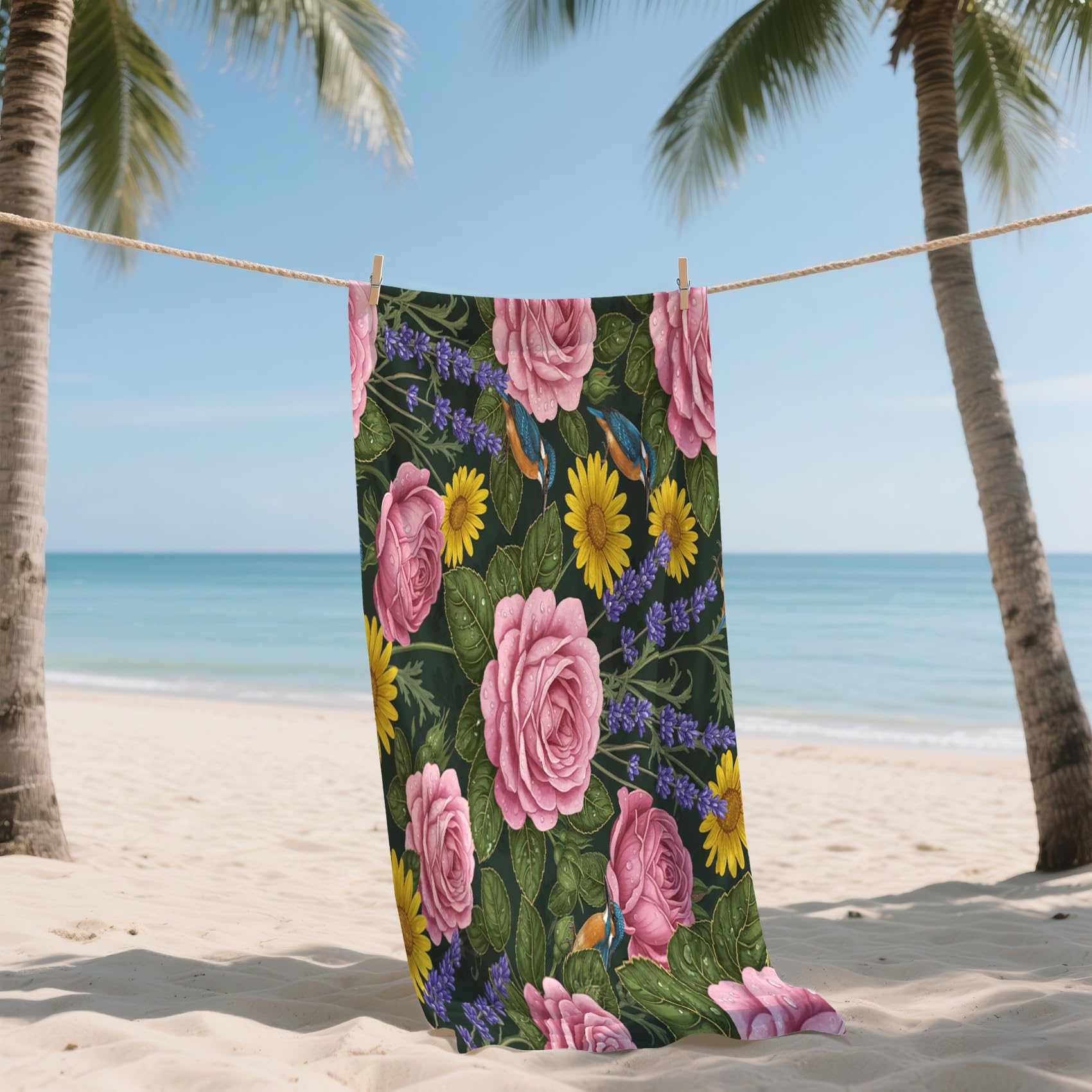 Serviette de Plage XXL Microfibre Rose Fleurs Lavande Florale Fleurie, Drap de Plage Séchage Rapide Anti Sable & Légère, Serviette de Bain Grande Taille 200x200 cm, Accessoire & Cadeau été