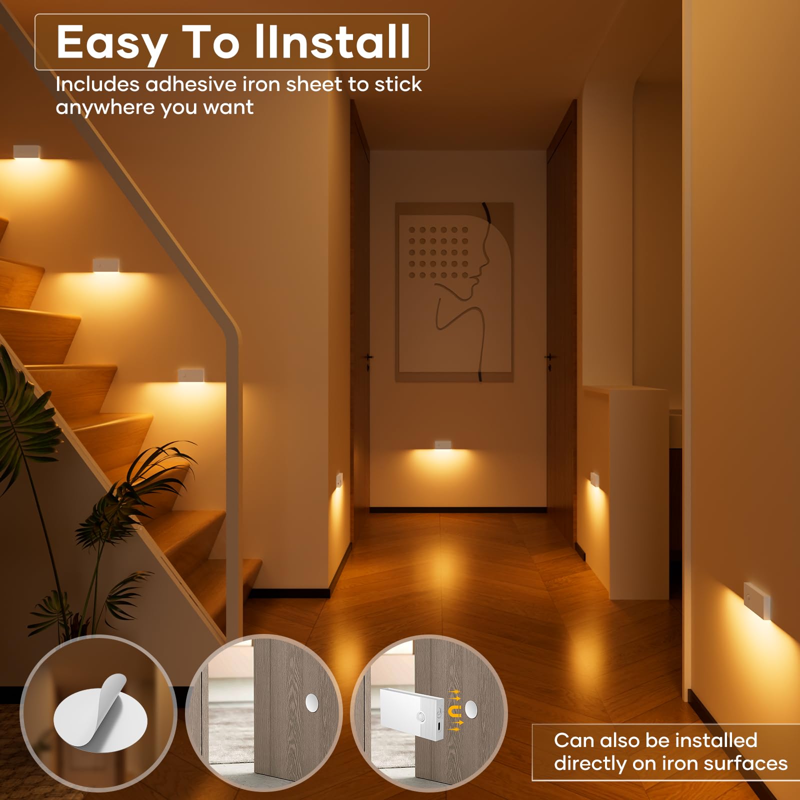 Luz Nocturna con Sensor de Movimiento, 4 Piezas Recargable Luz Nocturna Infantil con 3 Modos, Luz Noche LED Luz de Noche luz para Escaleras,Pasillo,Baño,Cocina, Habitaciones para niños, Blanco
