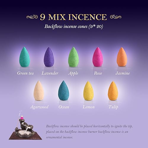 Miniatura 4 de OTOFY Conos de incienso de reflujo, 180 piezas de aromas 100% naturales para trabajo a mano, cascada, rosa, tulipán, jazmín, lavanda, para quemador