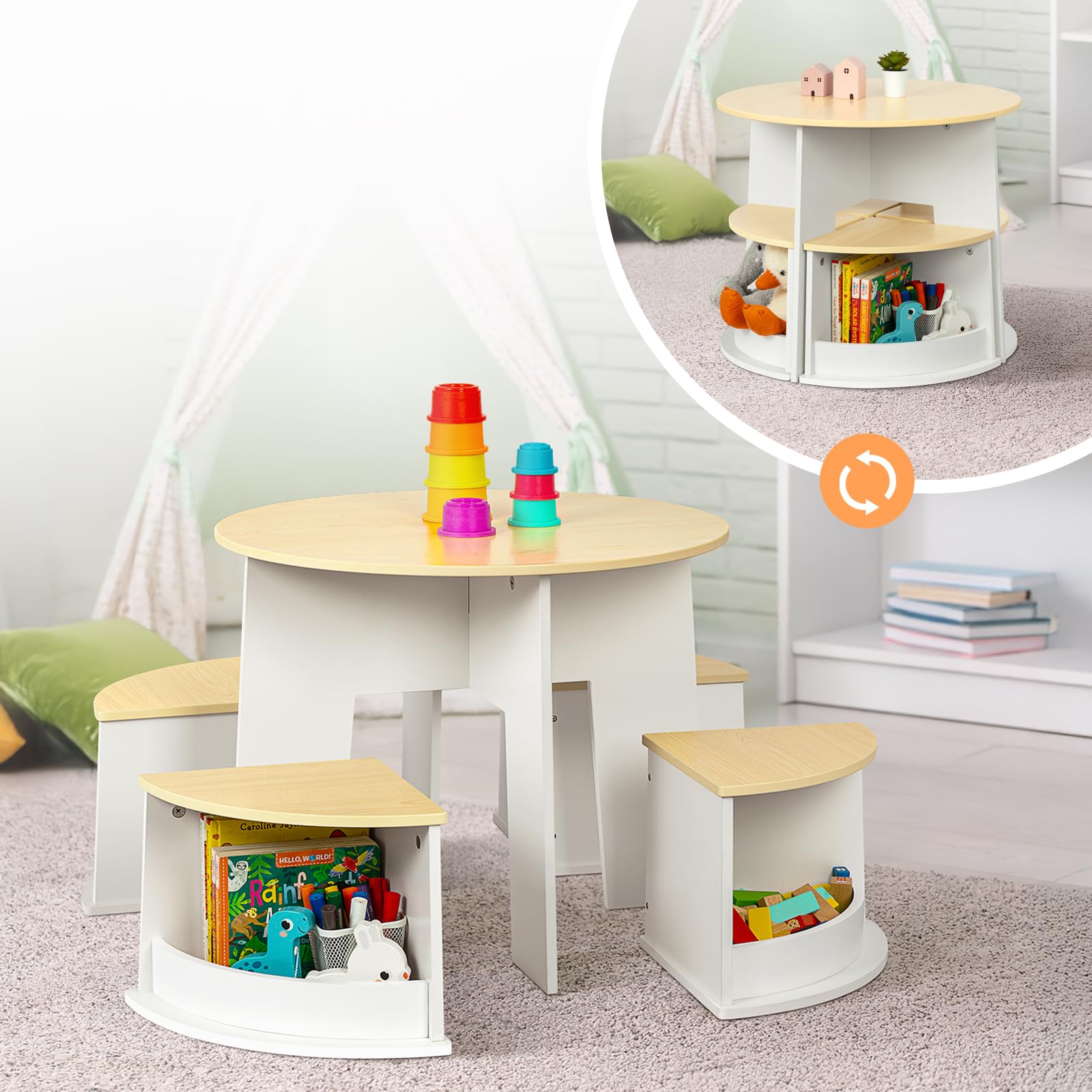 OOOK Table Enfant avec 4 Chaise, Table Ronde en Bois avec 4 tabourets à Rangement, Tables et chaises pour Enfants dédiés à l'art, l'artisanat, la Lecture et Les Jeux