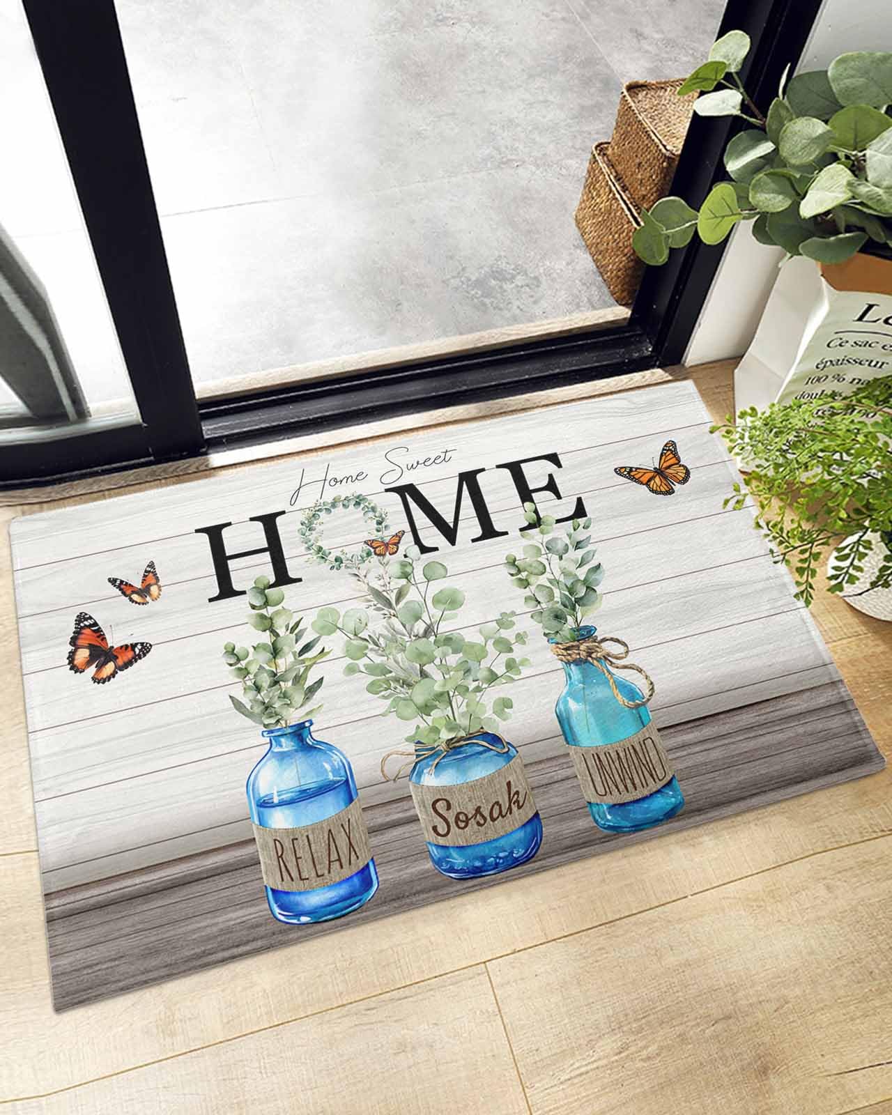 Indoor Doormat Farmhouse Eucalyptus Leaf Bottle,Shaggy Floor Mat with Non-Skid Backing Retro Rustic Butterfly on Wood,Machine Washable Plush Area Rug Carpets for Kitchen Nursery Bedroom