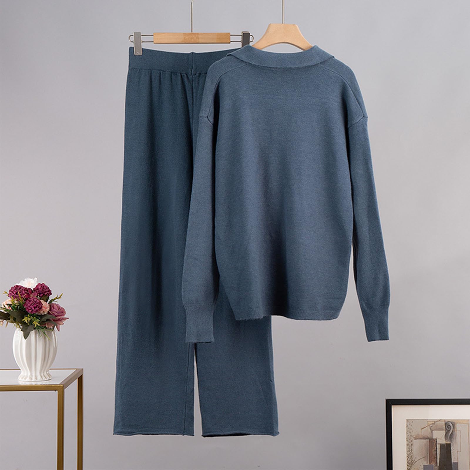 Damski Kombinezon Z Dzianiny Na Jesień I Zimę, Sweterek, KołNierzyk Polo, Sweter Dzianiny, Spodnie Szerokimi Nogawkami, DwuczęśCiowy Komplet,Dark blue,L