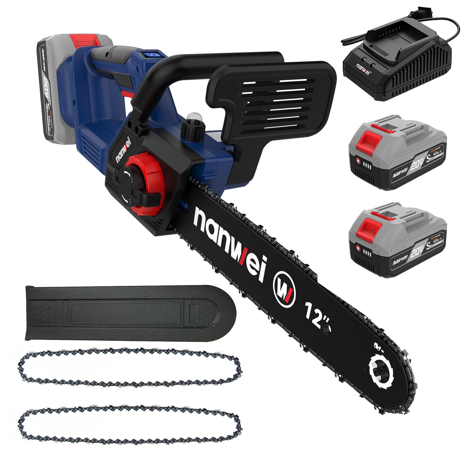 NANWEI 12 Inch Chainsaw Cordless, 20V Brushless Motor, 2x4.0Ah Batteries and Charger, Auto Oiling, Tool-Less Adjustment, Lightweight Electric Chainsaw for Tree Pruning, Branch Cutting, Extra Chain