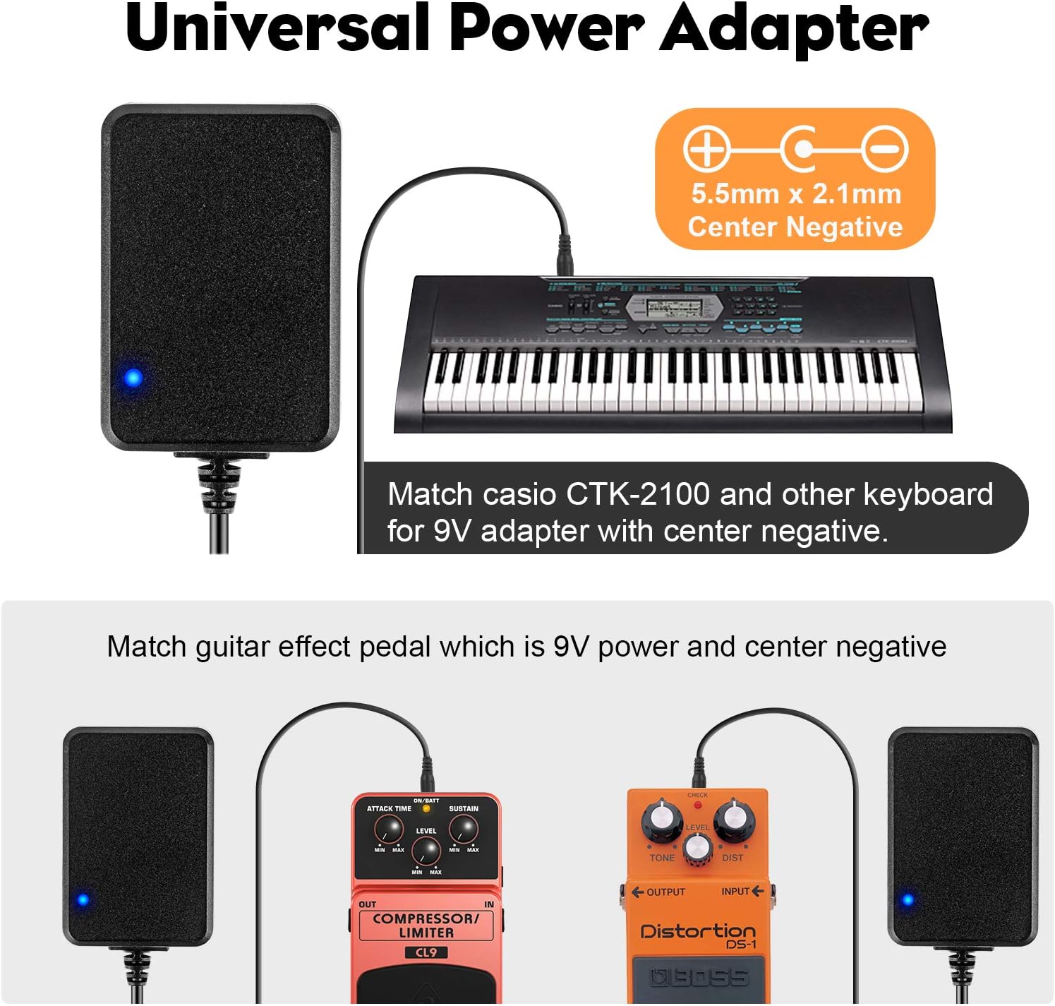 9V 1A Power Supply AC/DC Adapter for Casio Piano Keyboard Guitar Effects Pedal Boss Zoom Dunlop Ditto Electro Harmonix, Replacement Charger ETL Listed, Center Negative, SPA-1
