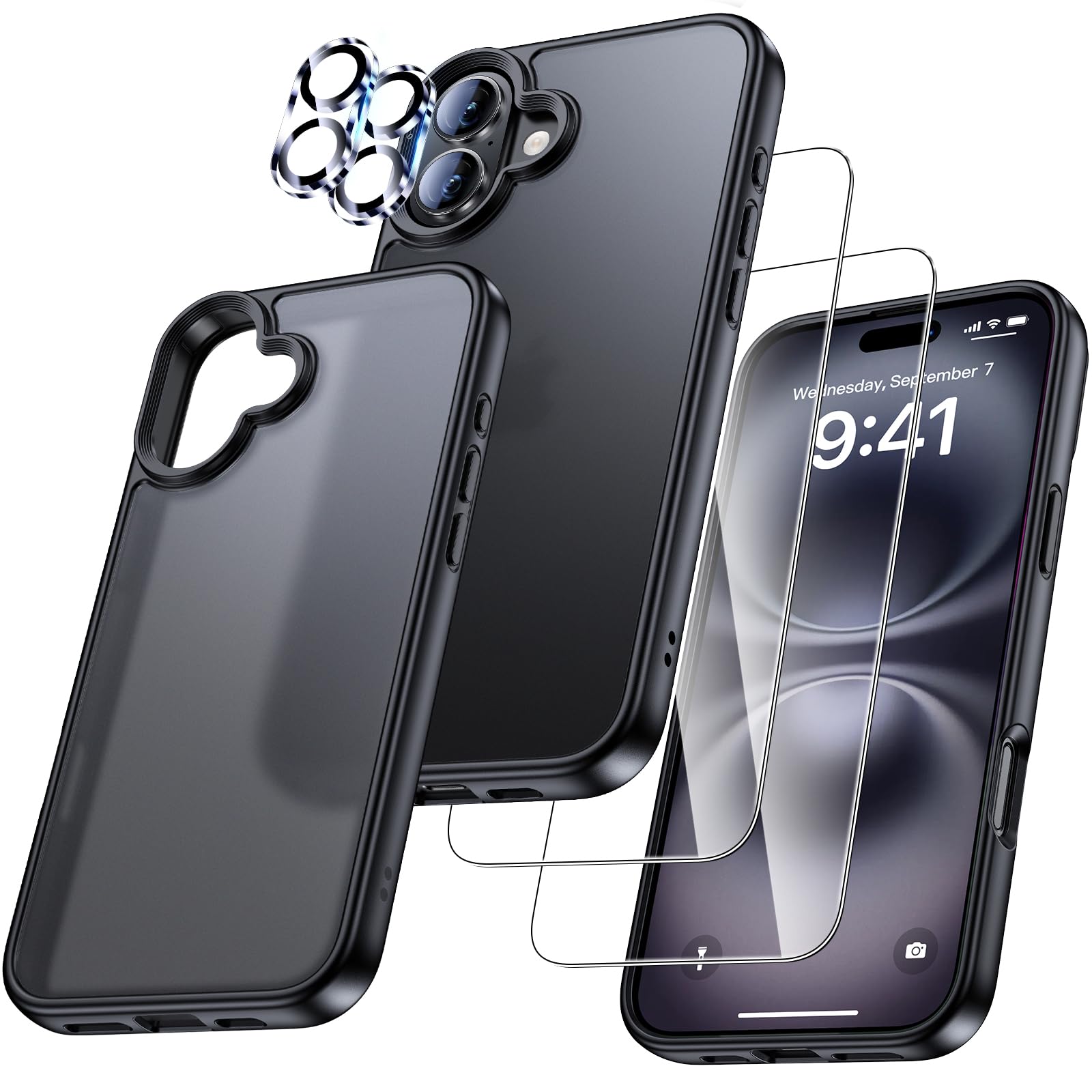 UniqueMe für iPhone 16 Hülle - Handyhülle für iPhone 16 Case, 5 in 1 Set Rundumschutz Schutzhülle Cover,1 Handyhülle & 2 Schutzfolie & 2 Kameraschutz - Schwarz