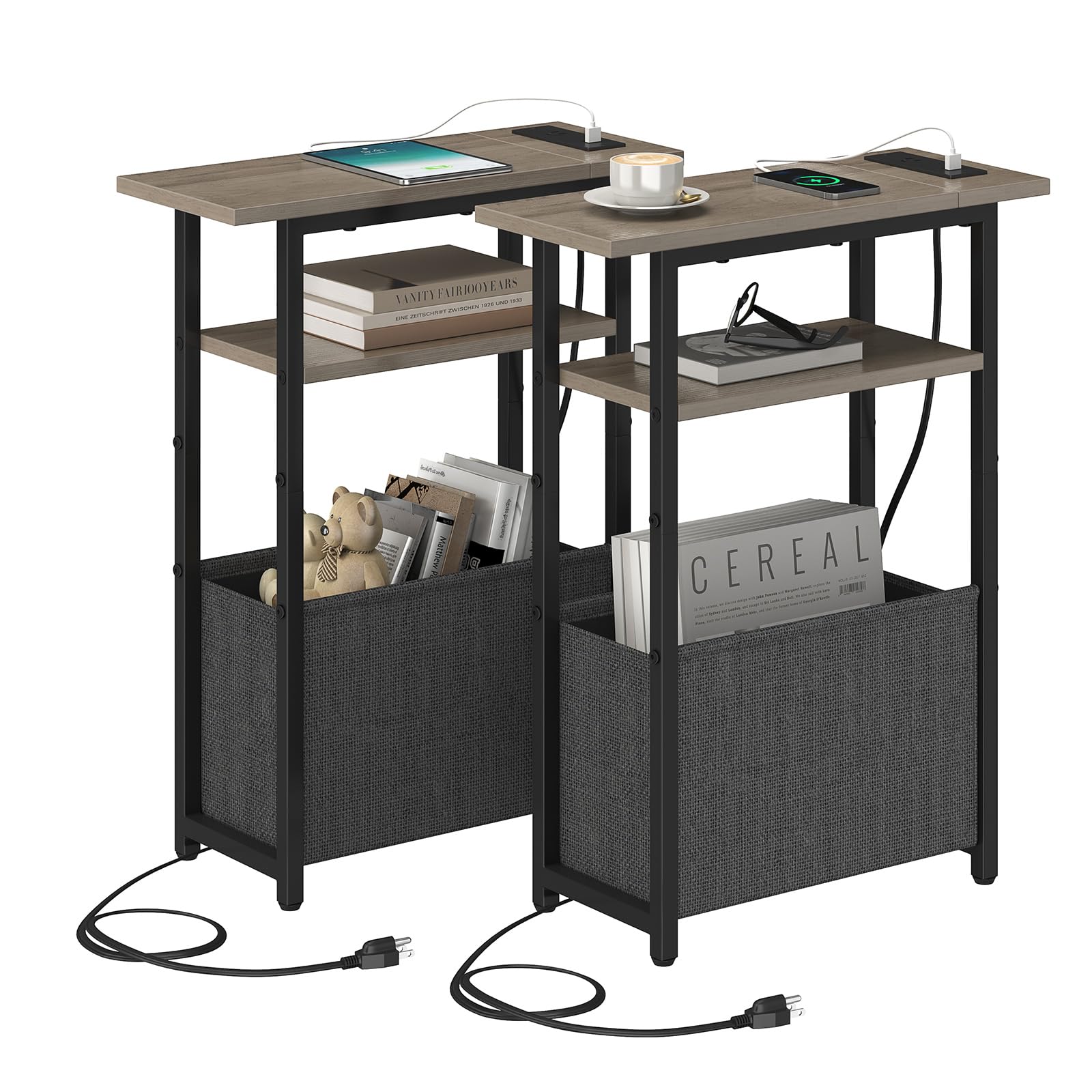 sthmec Narrow Side Table with Charging Station Set of 2, Small End Table for Small Spaces, Skinny Nightstands Set 2 with Storage Basket, 3 Tier Sofa