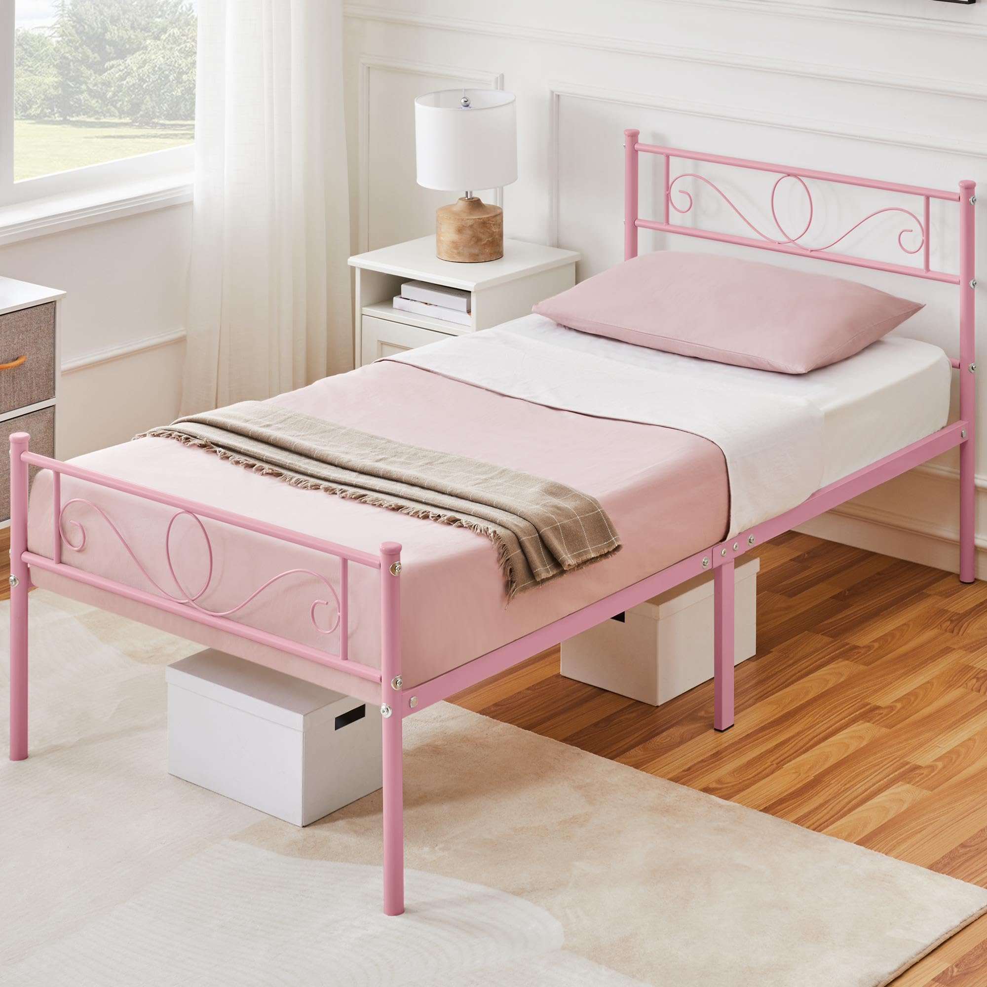 Yaheetech Bettrahmen 90 x 200 cm Metallbett mit Lattenrost Einzelbett Gästebett Jugendbett mit Kopfteil für Schlafzimmer Gästezimmer Hellrosa