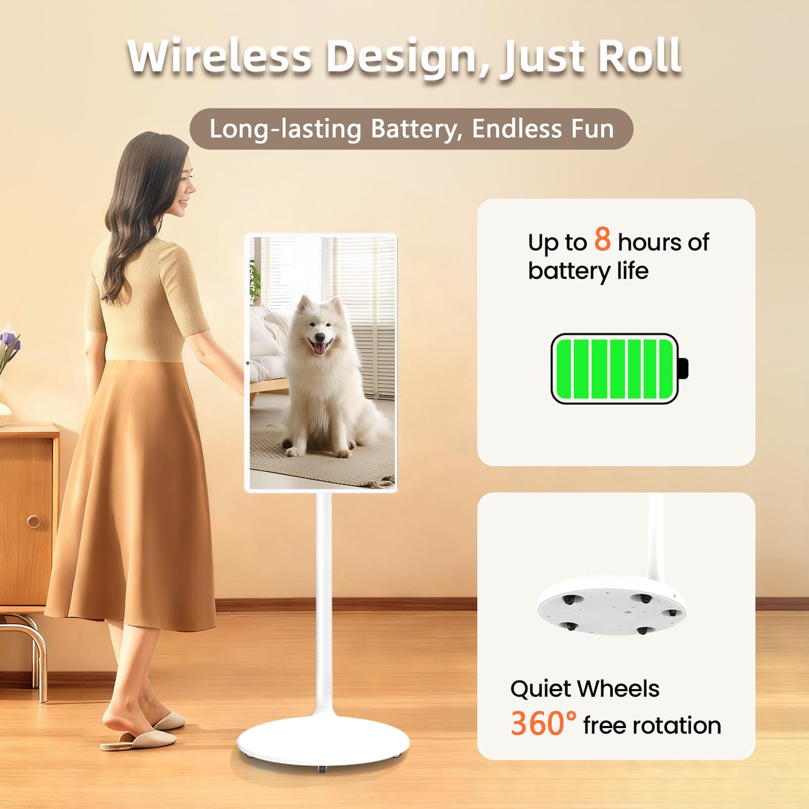 TV Portatile con Ruote,Supporto su Palo e Fotocamera Integrata da 13 MP,Display Touch Mobile,6G+128G,Batteria 8000 Integrata, per Streaming Live,Intrattenimento Domestico 22inch