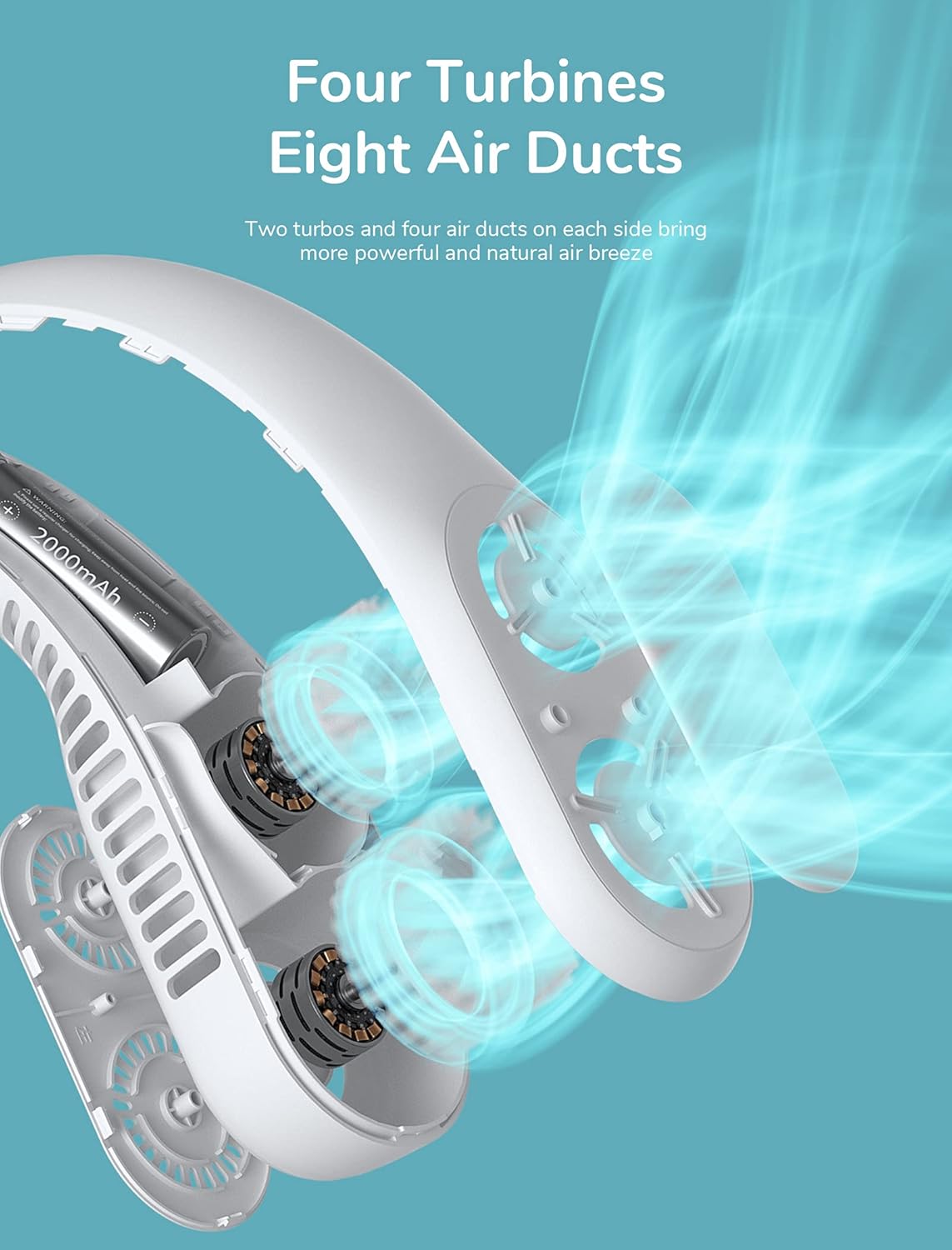 JISULIFE Portable Neck Fan, Bladeless Twin Turbine Fan, Rechargeable Battery Operated 4000mAh, Personal Powerful Fan, 3 Speeds 58 Air Outlets Small Wearable Fan, Hand Free Strong Neck Fan - Grey : Home & Kitchen