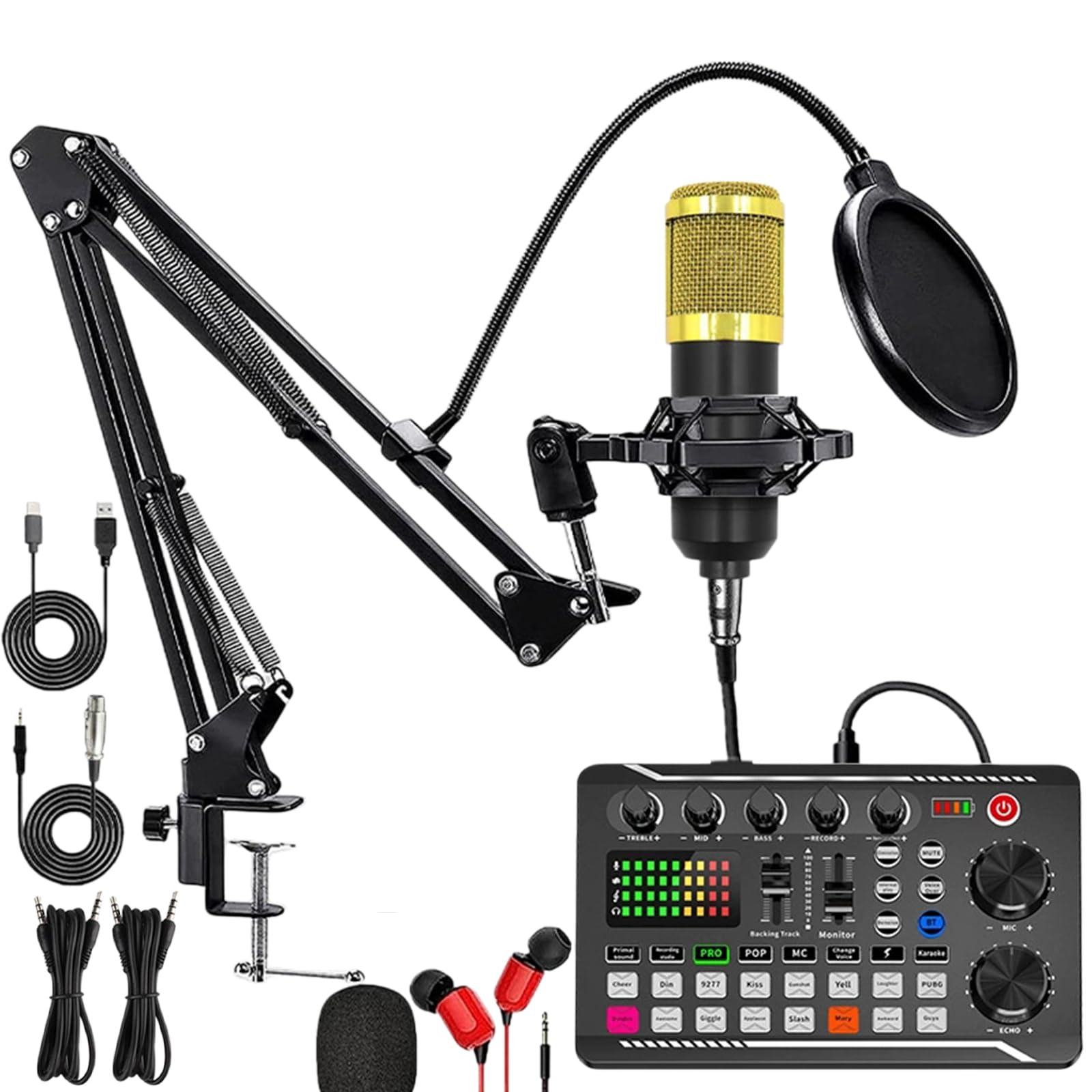 Podcast Equipment Bundle, kompletny zestaw kart dźwiękowych F998 Live Sound Card z mikrofonem BM800, efektami miksera DJ i zmianą głosu do streamingu na żywo, gier, YouTube, TikTok