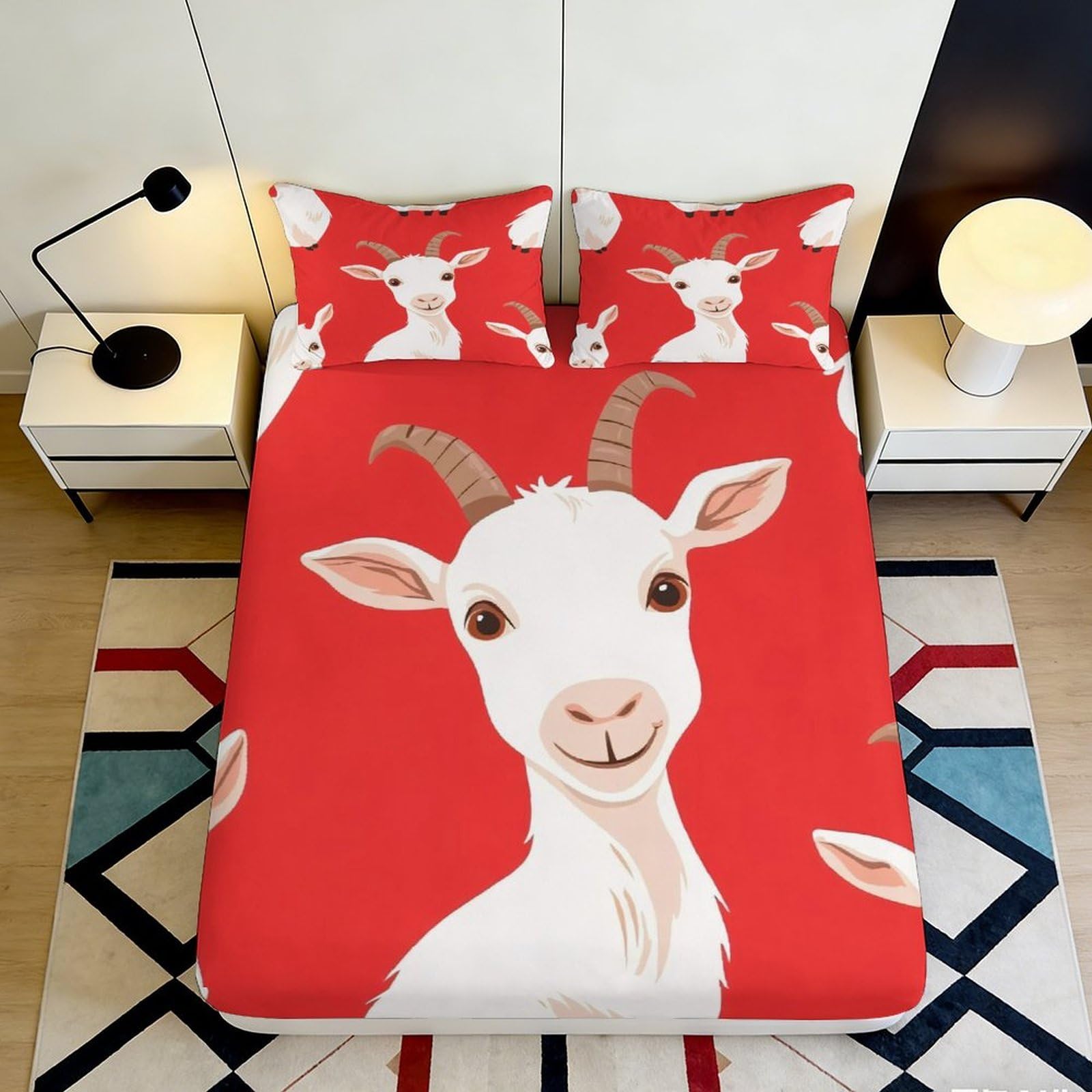 Jqzkxnhpbr Style-1 3D Printed Red Goat Fitted Sheet Microfiber Anti-Slip Bed Sheet For Bedroom Dorm Mattress Protection Decor 90X200x25cm