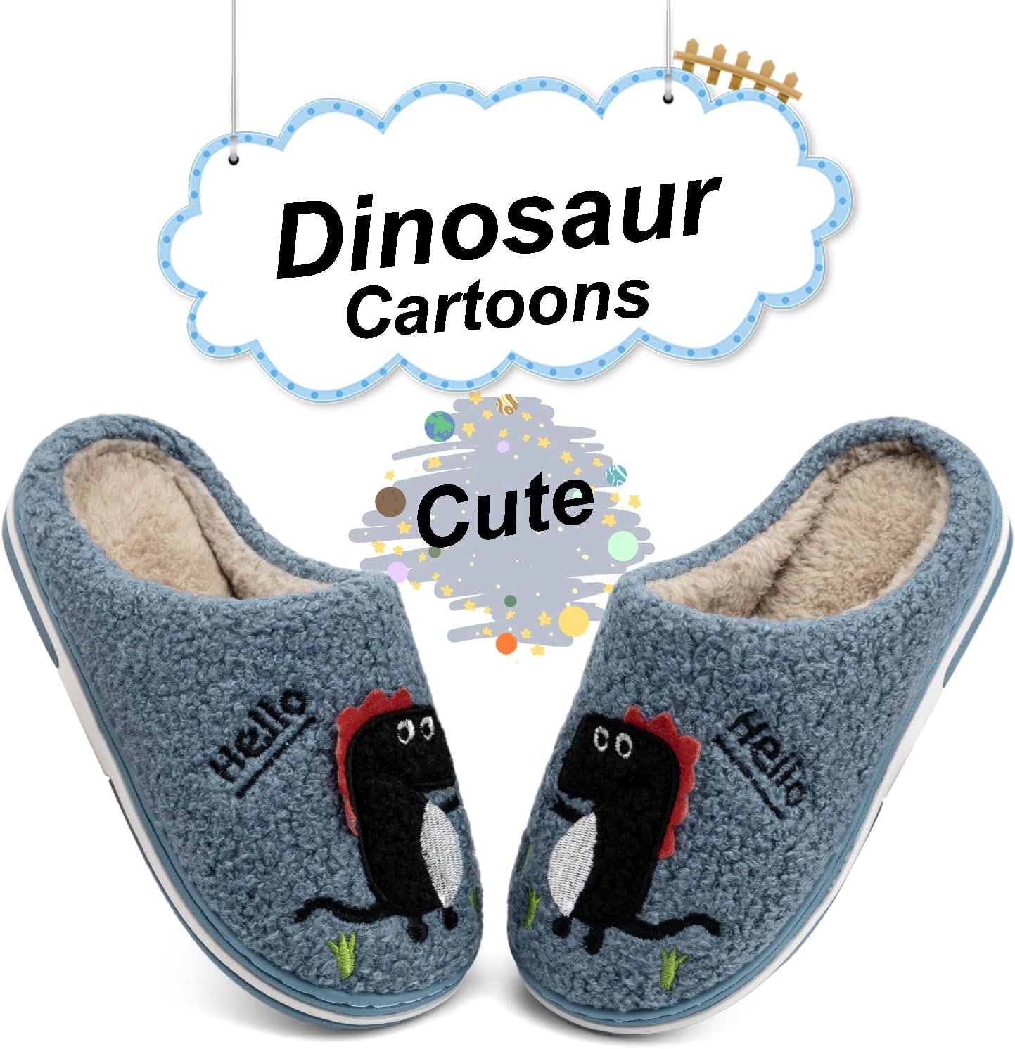 INMINPIN Boys Girls Cozy House Slippers Warm Plush Winter Cotton Slipper Kids Cute Dinosaur Indoor Shoes Non-Slip