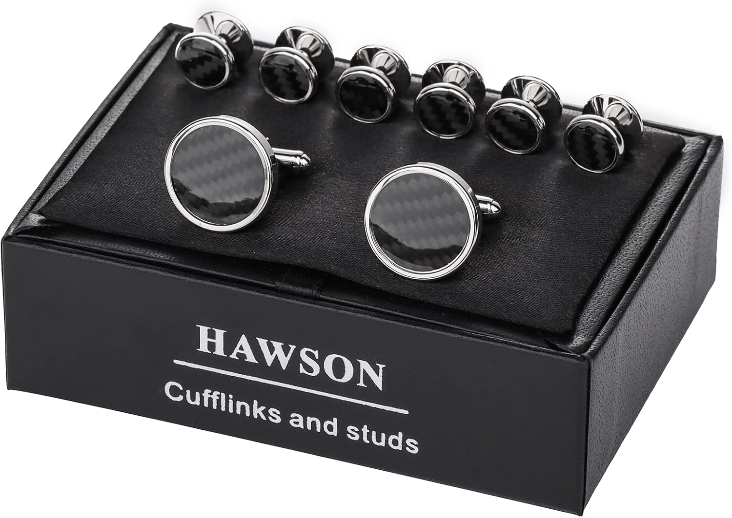 Mens Cufflinks and Tuxedo Studs Set in Gift Box (Carbon Fiber), Jewelry or Accessories in Gold Silver Black Tone, Matching with Shirts Vest and Bow tie, Suitable for Birthday Wedding Anniversary