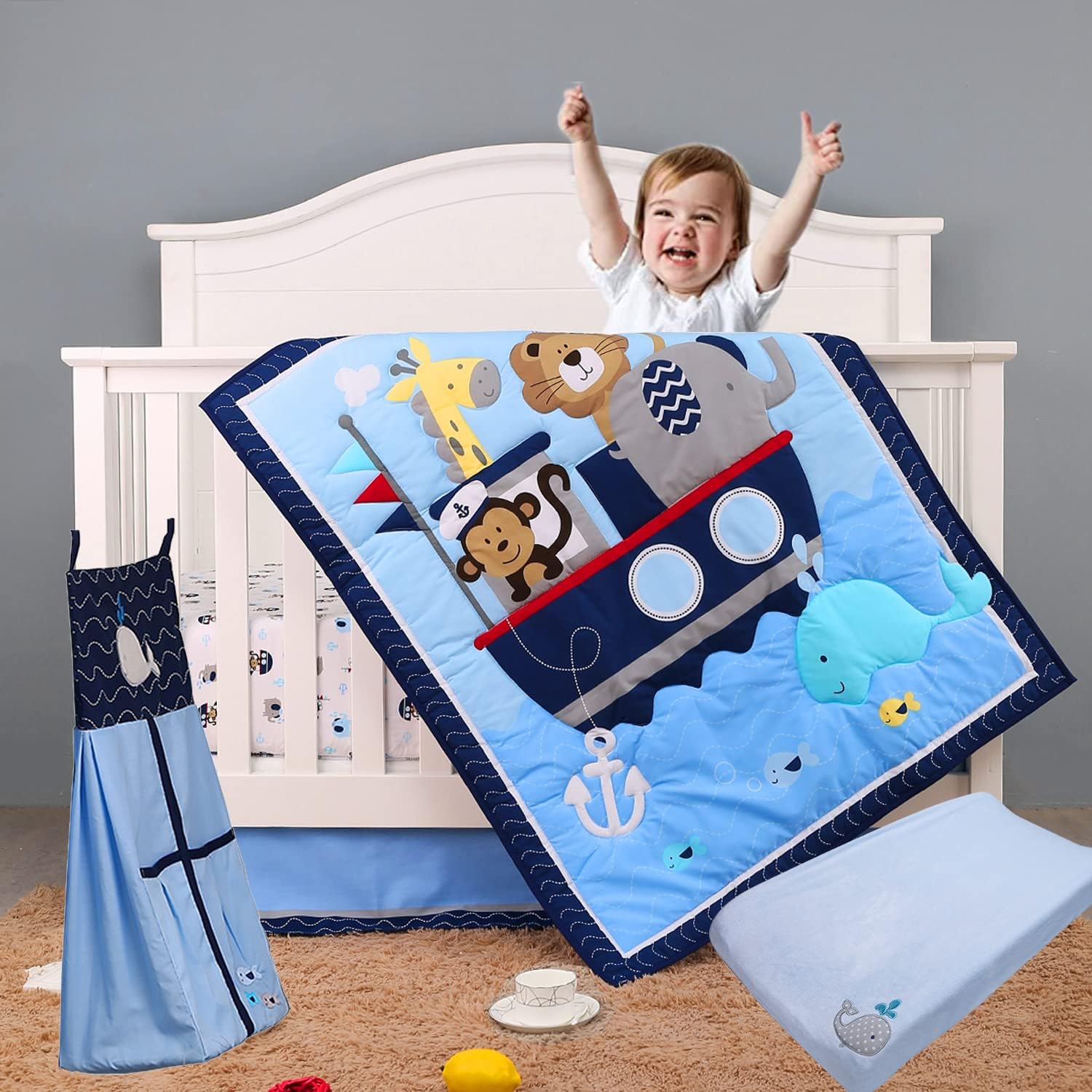 Noah's Ark Animal Nursery 5-Pieces Baby Crib Bedding Set -Blue