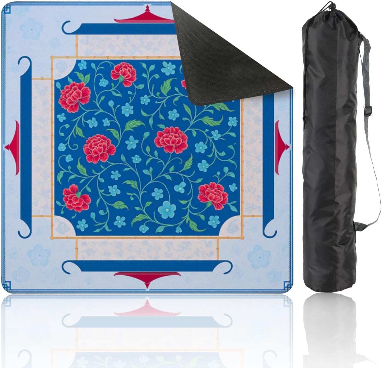 Mahjong Mat with Carrying Bag 31.5" x 31.5" Non-Slip Noise Reduction Asian Inspired Floral Red Peonies Blue Flowers Blue Table Mat for Mahjong Poker Dominoes Card Board Tile Games