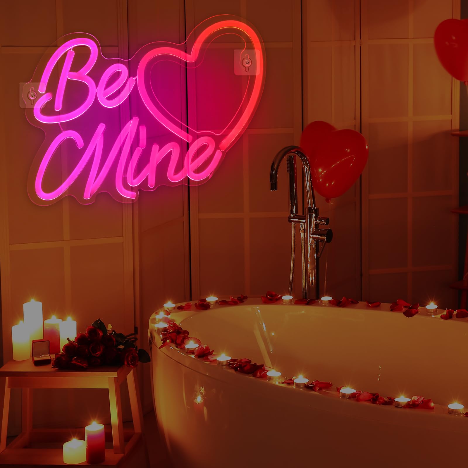 Huquary Neonowy znak w kształcie serca, walentynkowy znak "Be Mine" o wymiarach 40 x 21 cm, walentynkowa lampa okienna LED, zasilanie USB, na ślub, zaręczyny, dekoracja ścienna
