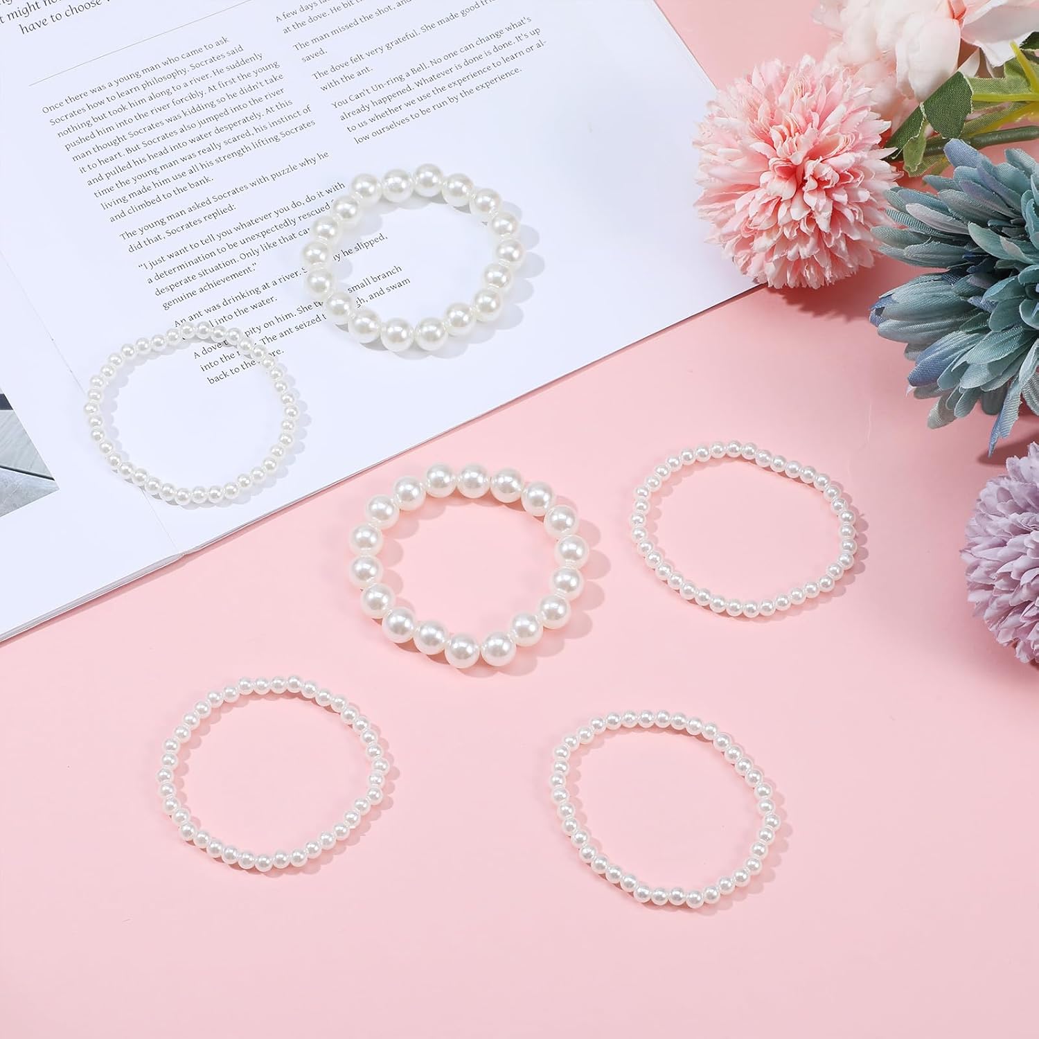 6pcs Stretch Pearl Bracelets for Women, White Pearl Stretch Bracelets Bridal Wedding Stackable Bracelet Faux Beaded Bridesmaid Bracelet for Ladies - Image 7