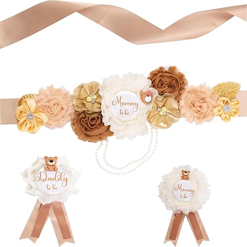 Rosavida Juego de banda de maternidad de oso de peluche, ramillete de mamá y papá, flores, suministros de recuerdo de baby shower, decoraciones de